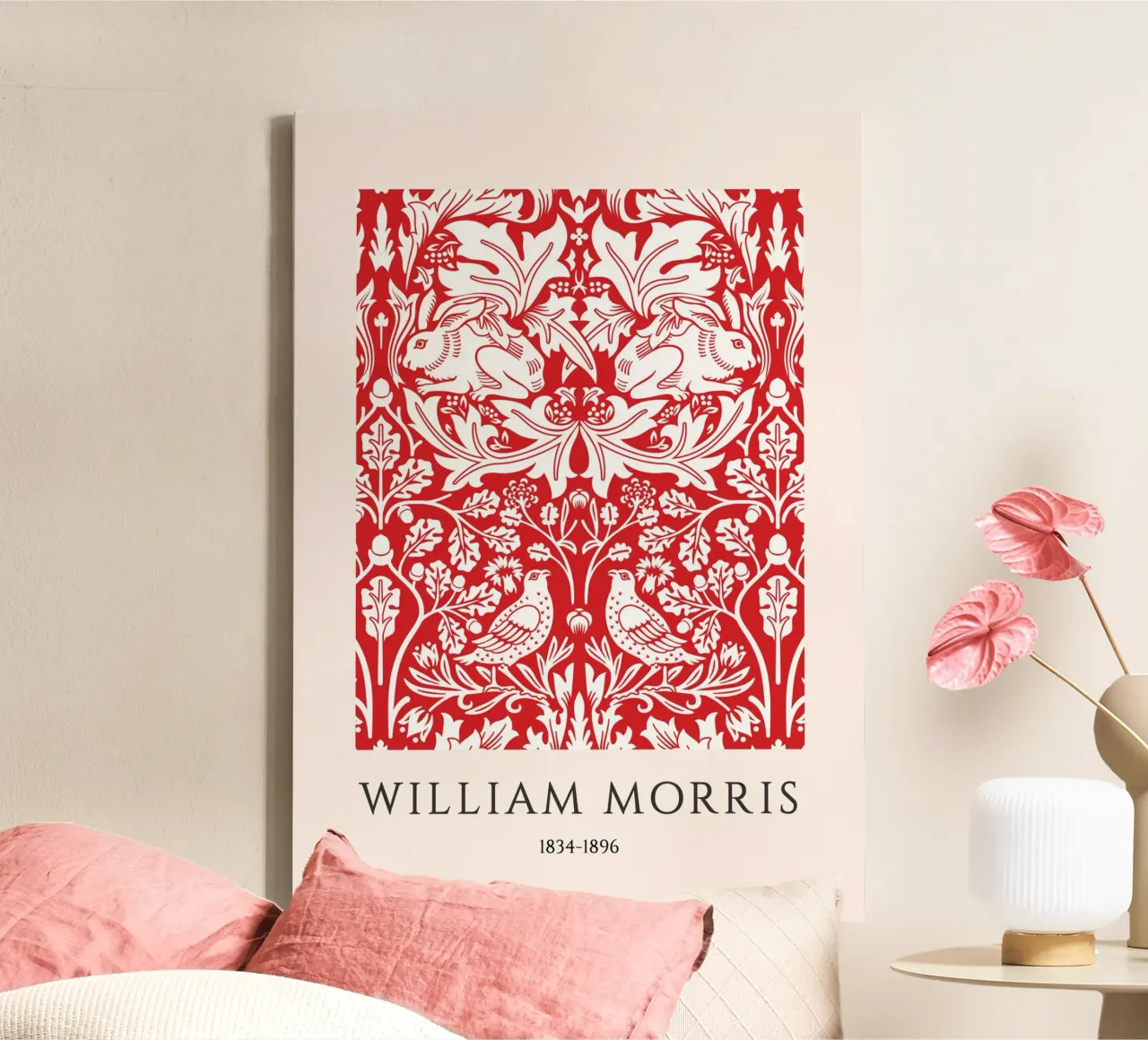 William Morris Stampa Arts & Crafts in bianco e rosso tela con Cornice a cassetta da vintagepod