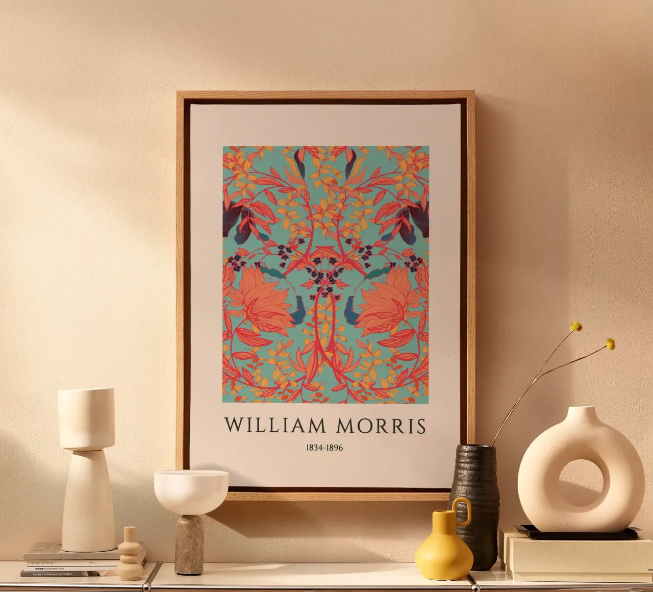 William Morris Arts & Crafts Blauwe Bloemenprint canvas met Baklijst van vintagepod