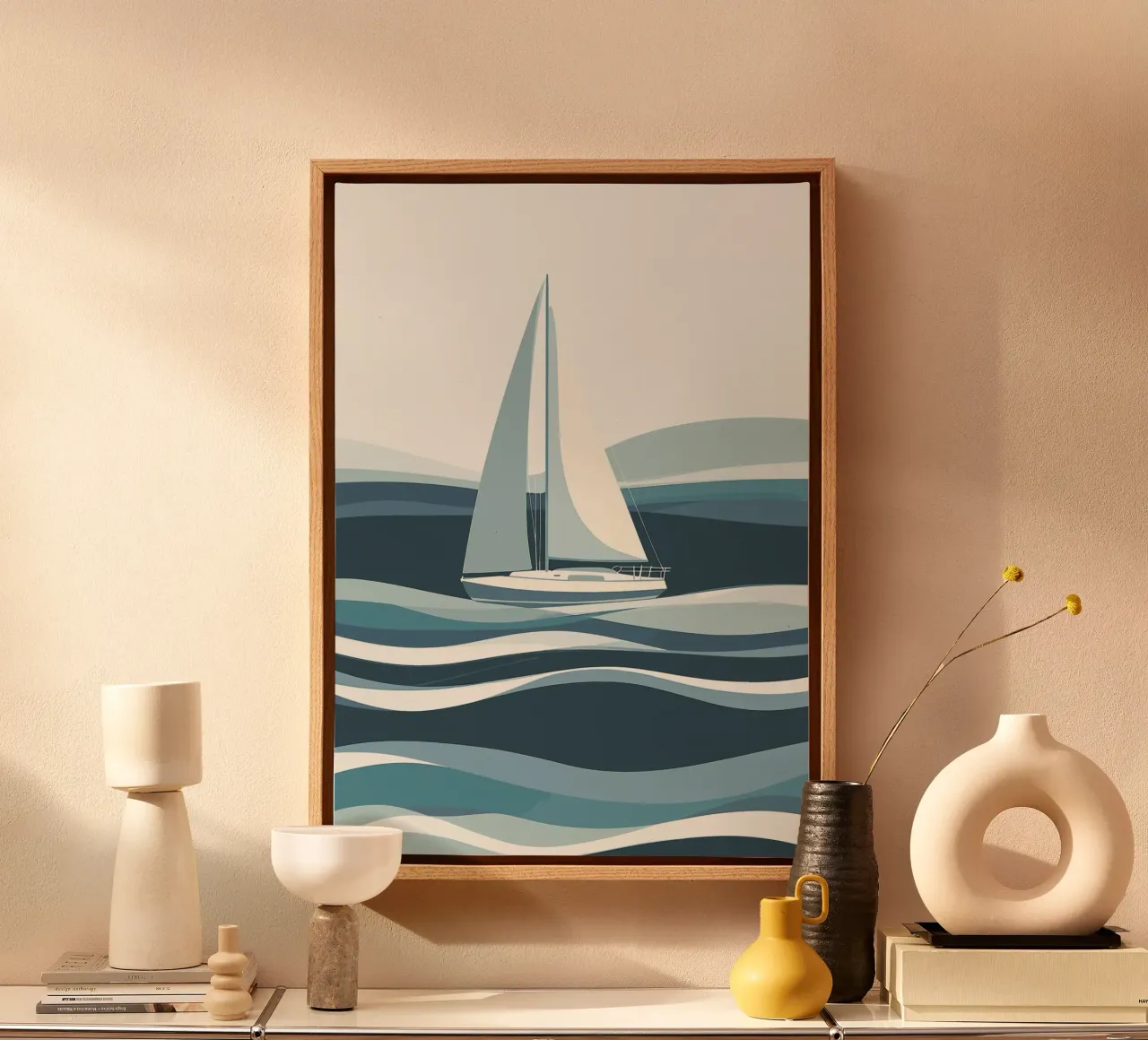 Segelboot auf stilisiertem Ozean Leinwand mit Schattenfugenrahmen von pixelbull - medieval art and more