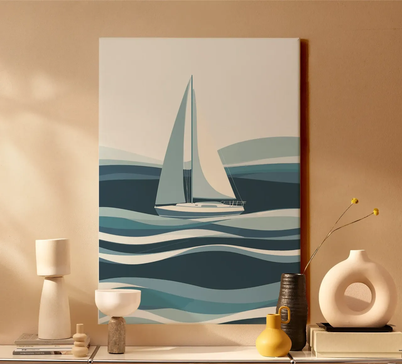 Segelboot auf stilisiertem Ozean Leinwand mit Schattenfugenrahmen von pixelbull - medieval art and more