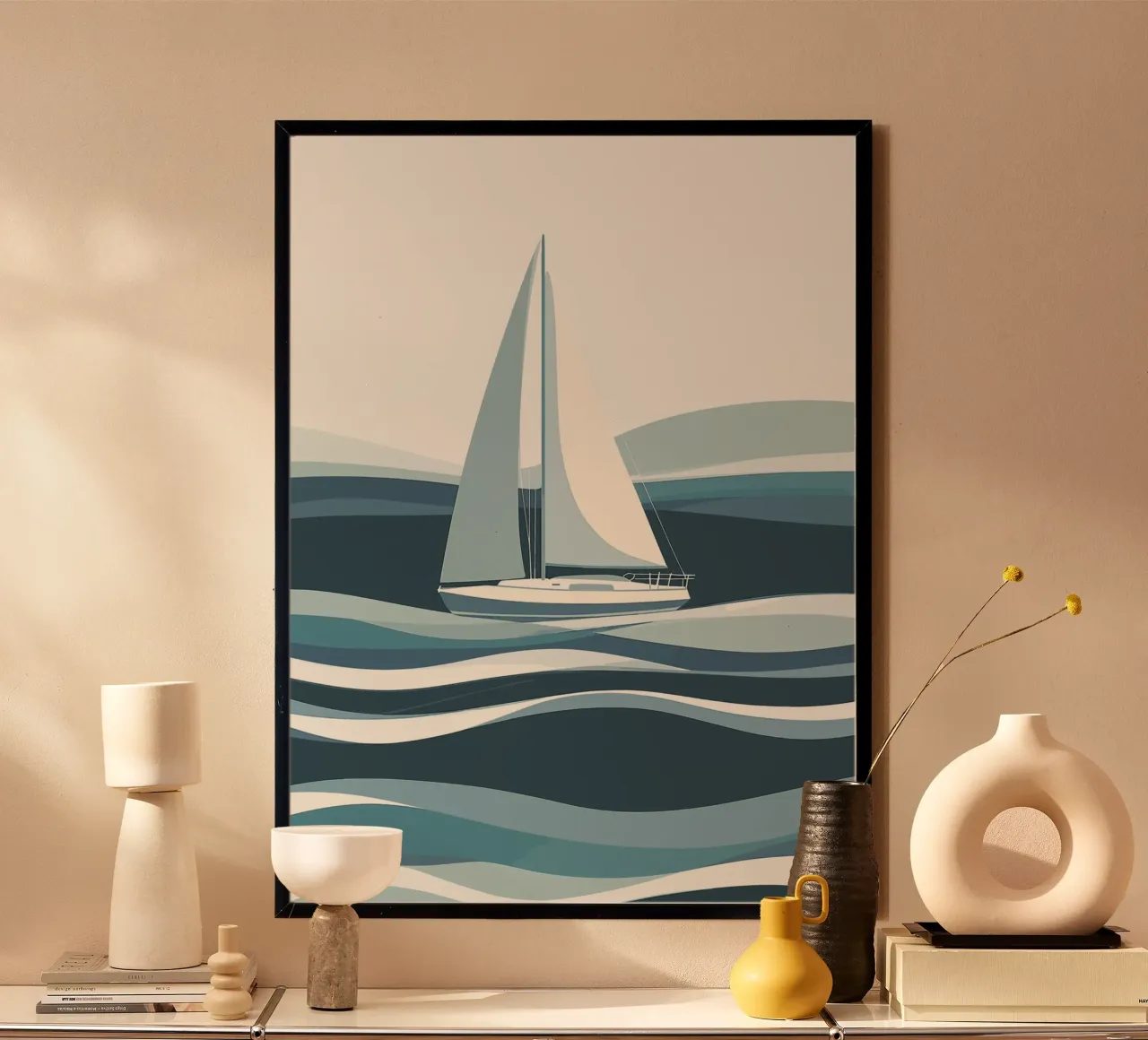 Barca a vela su un oceano stilizzato poster con telaio in alluminio da pixelbull - medieval art and more