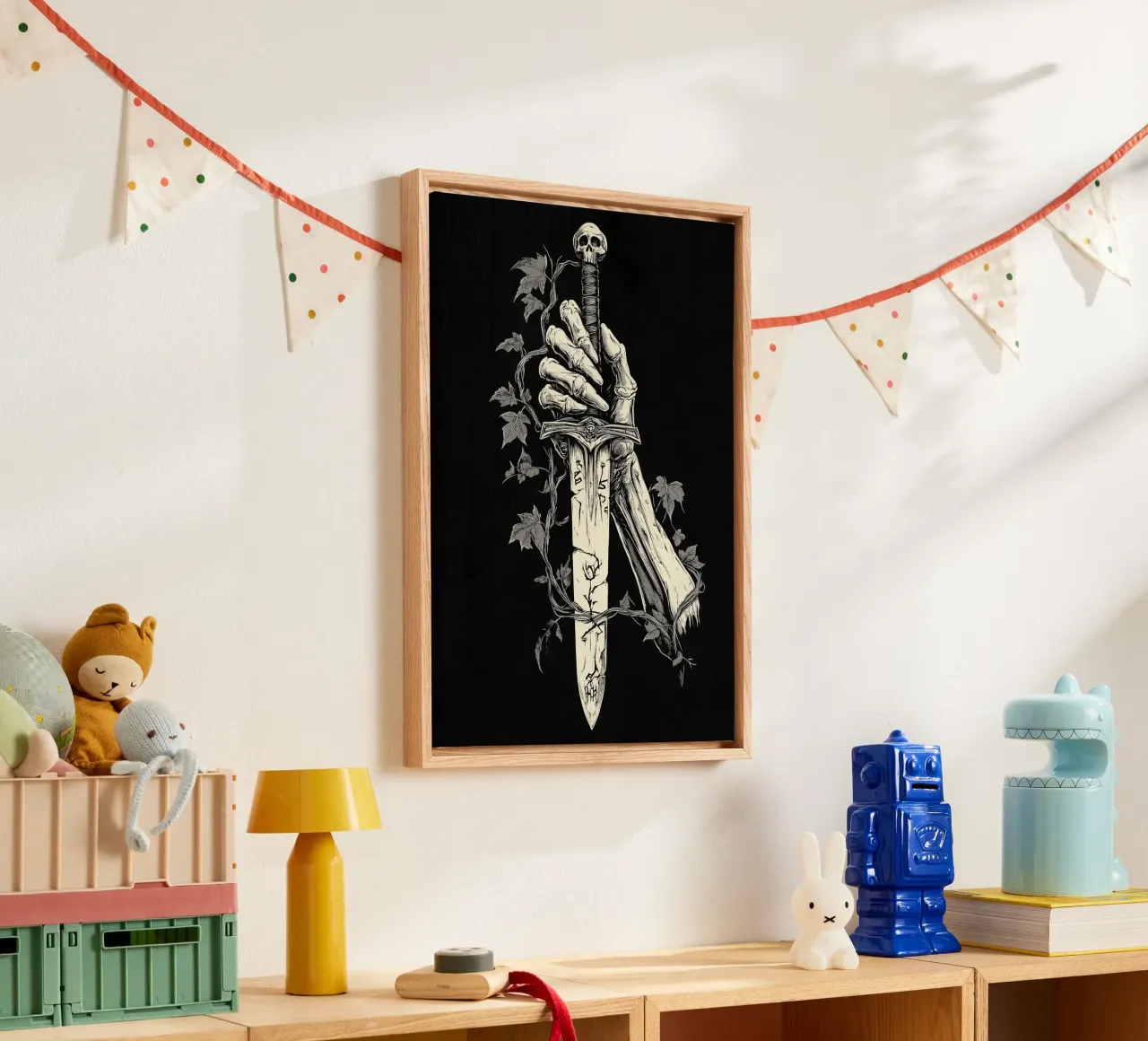 Skelett greift nach verfluchtem Schwert Leinwand mit Schattenfugenrahmen von pixelbull - medieval art and more