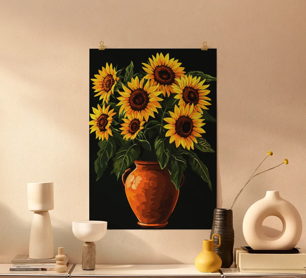 Girasoli in vaso di terracotta poster con telaio in plastica da pixelbull - medieval art and more
