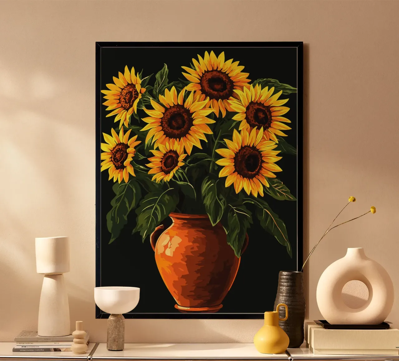 Girasoli in vaso di terracotta poster con telaio in plastica da pixelbull - medieval art and more