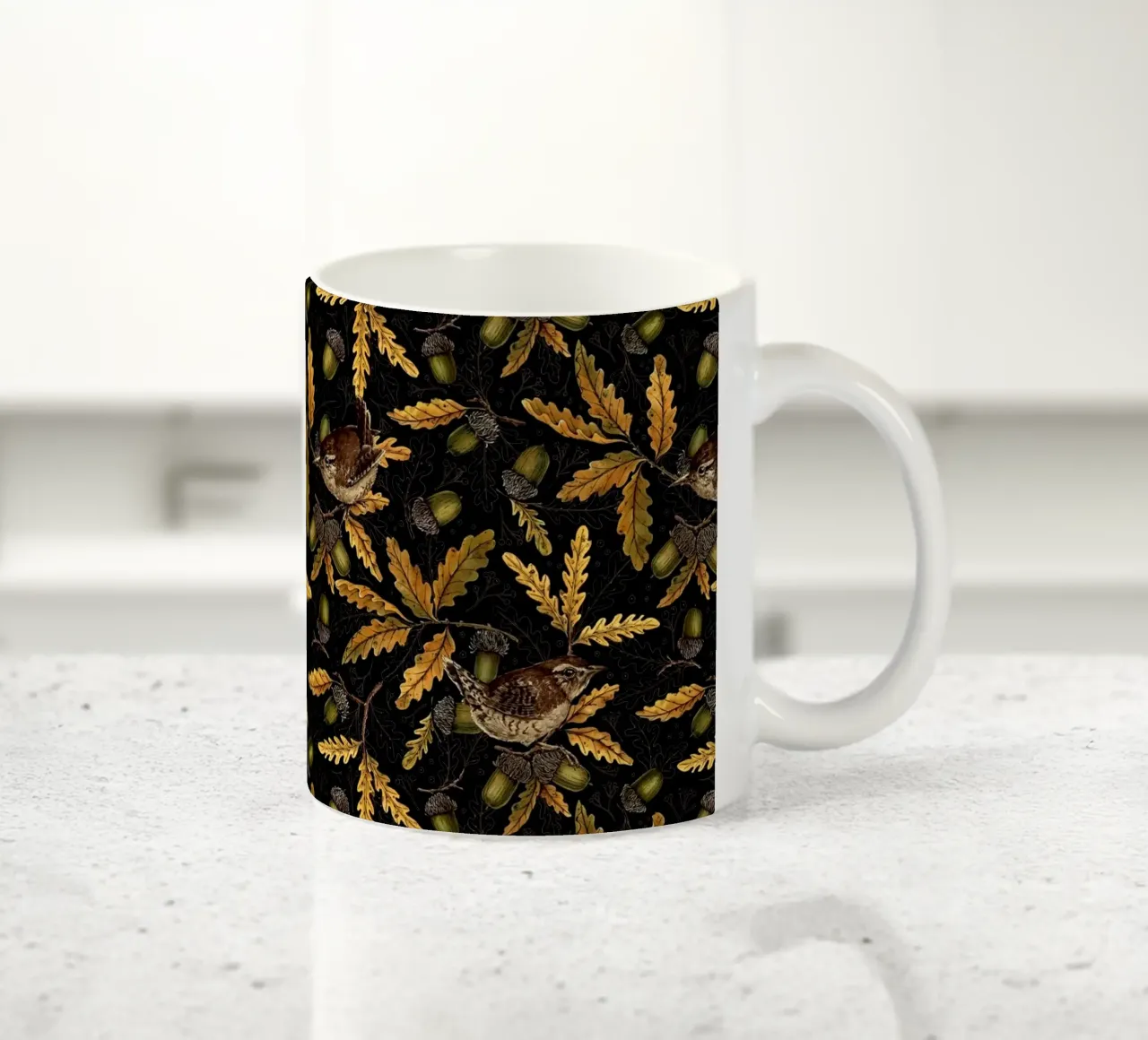 Scriccioli e ghiande sul nero tazza in ceramica da Painted Nature