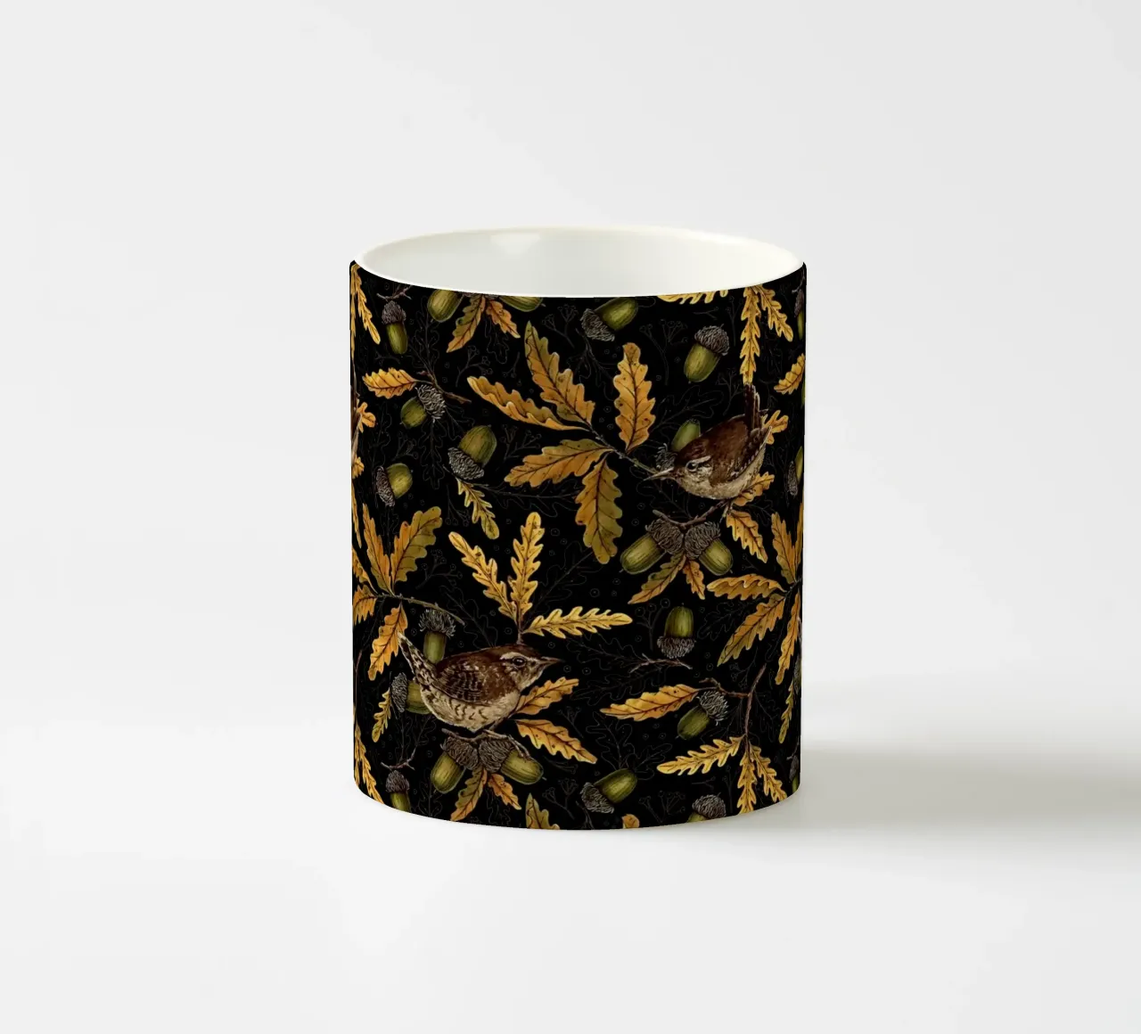Scriccioli e ghiande sul nero tazza in ceramica da Painted Nature
