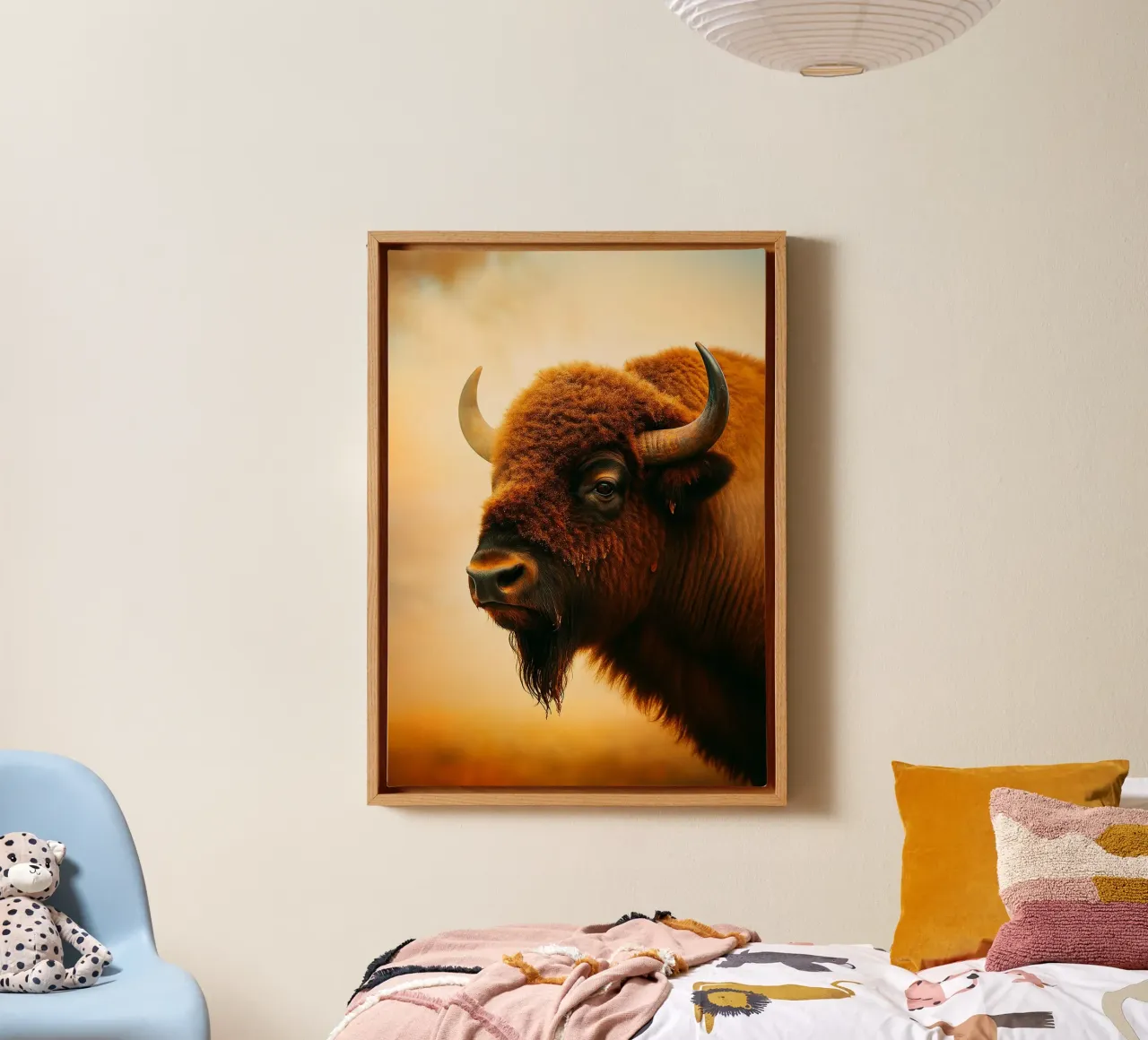 bison face animal photography canvas with Floater frame by raflessia
