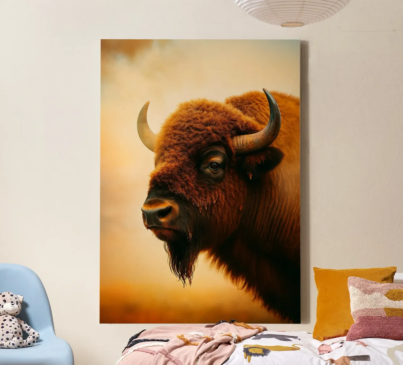 bison face animal photography canvas with Floater frame by raflessia
