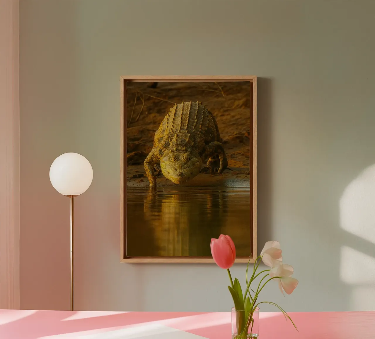 crocodile walking to the river animal photography canvas with Floater frame by raflessia