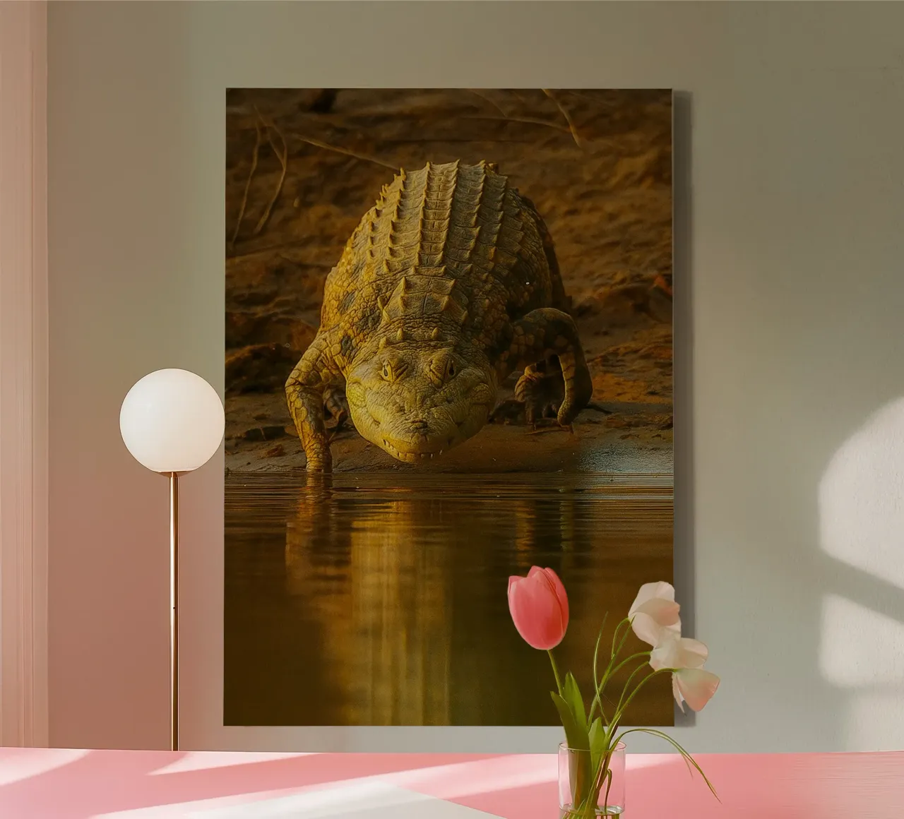 crocodile walking to the river animal photography canvas with Floater frame by raflessia