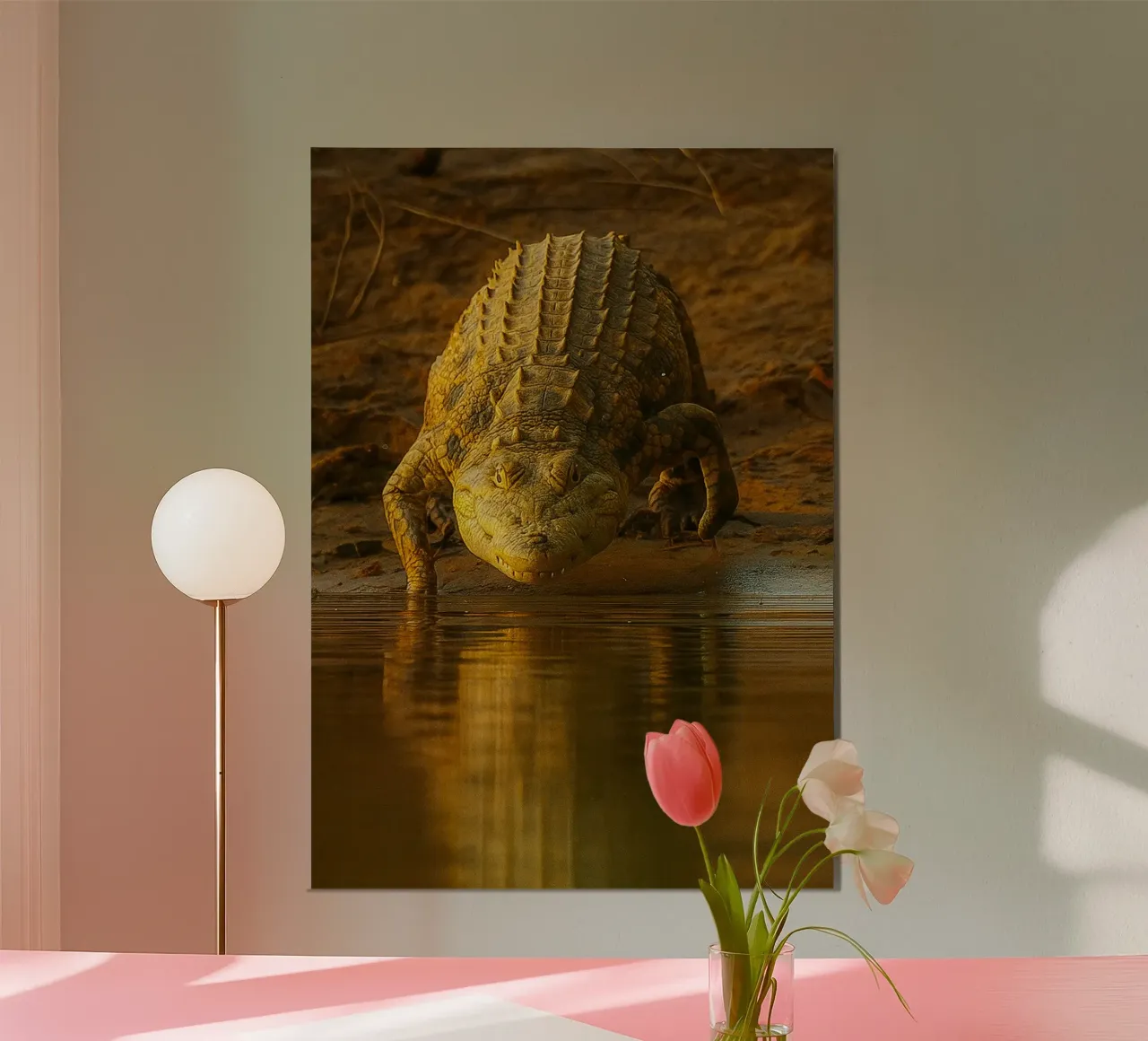 coccodrillo che cammina verso il fiume fotografia animale poster con telaio in legno da raflessia
