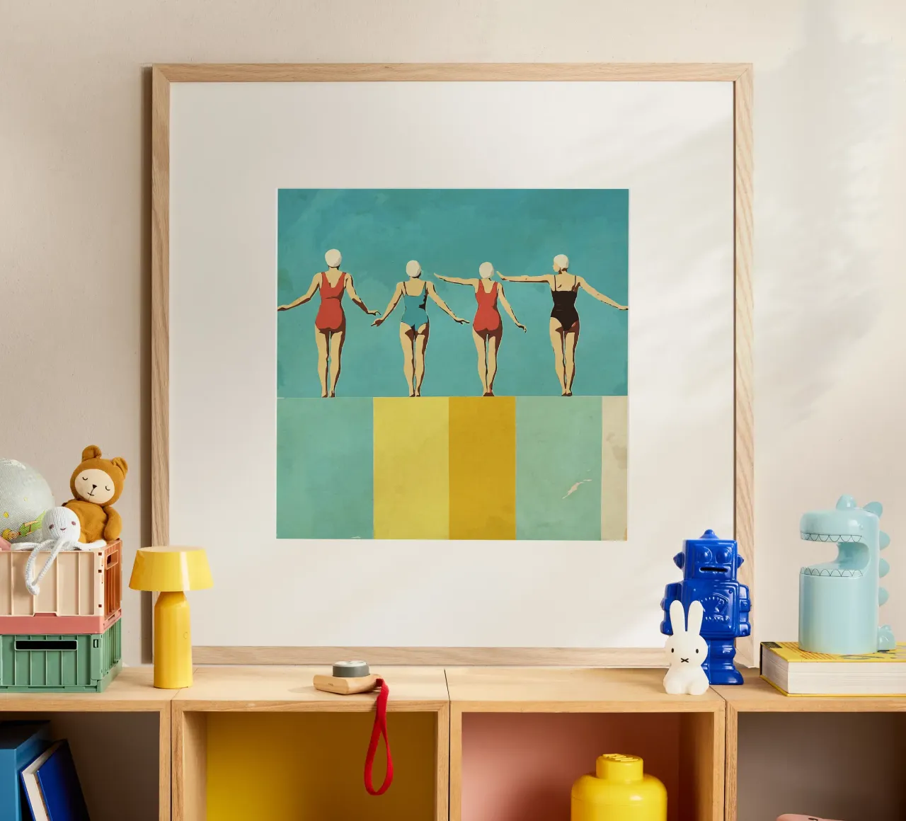 Quattro figure sulla piscina poster con telaio in alluminio da Rita