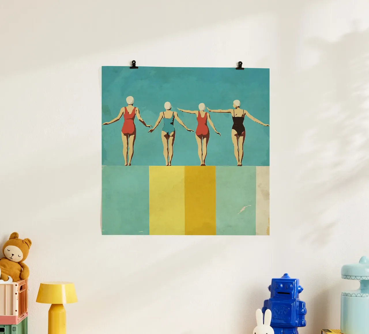 Quattro figure sulla piscina poster con telaio in alluminio da Rita