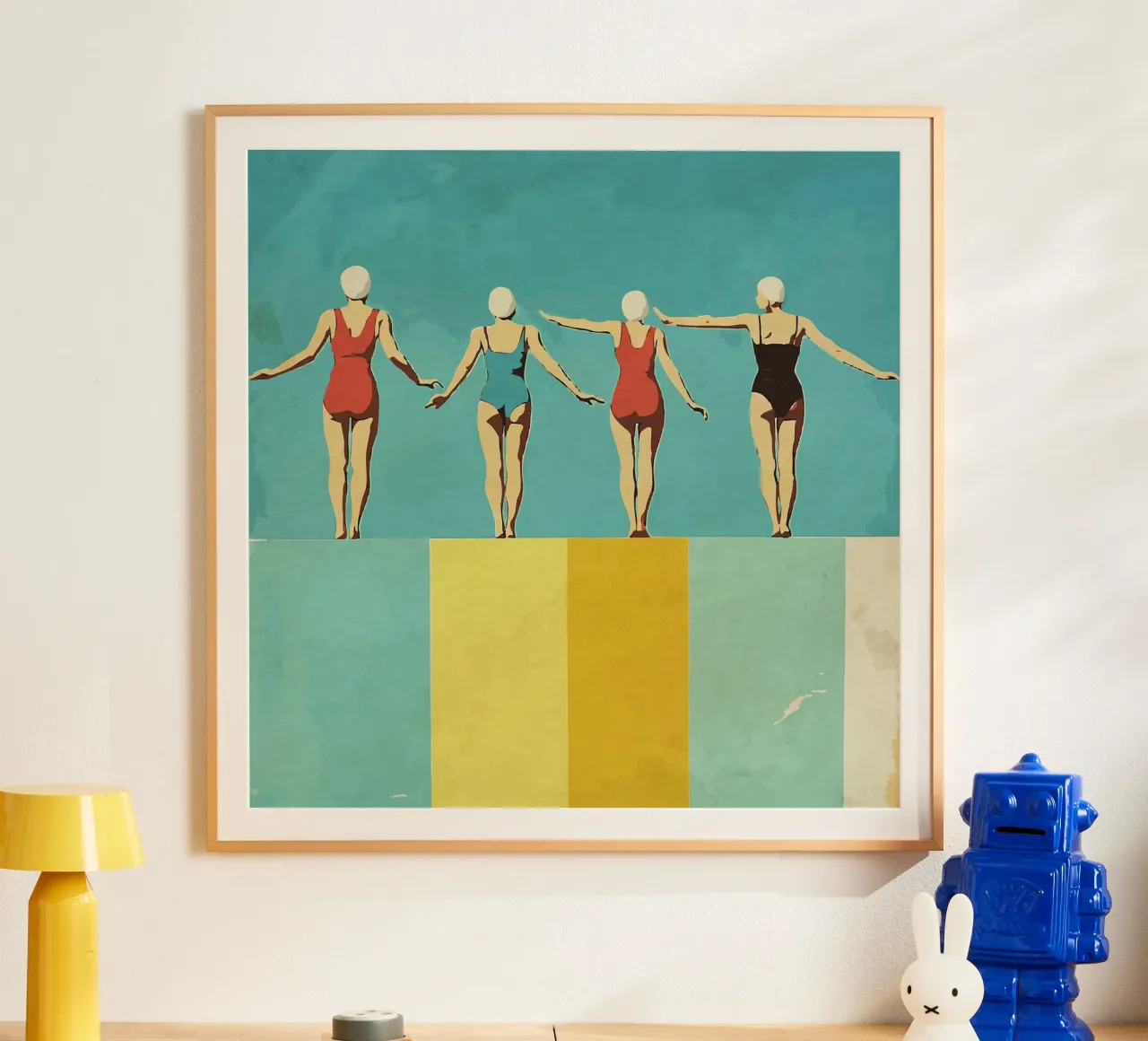 Quattro figure sulla piscina poster con telaio in alluminio da Rita