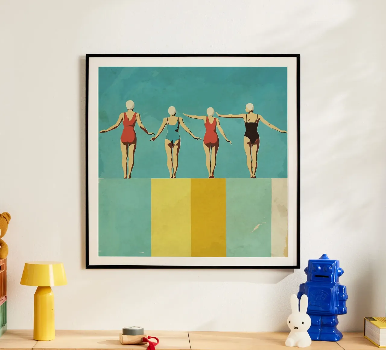 Quattro figure sulla piscina poster con telaio in alluminio da Rita
