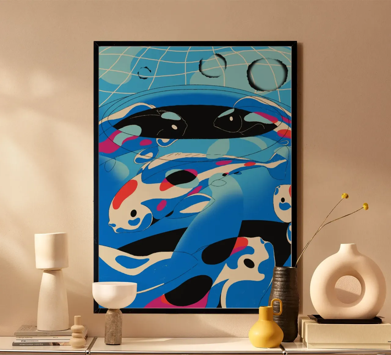 Koi on The Bowl poster con telaio in legno da illustfire