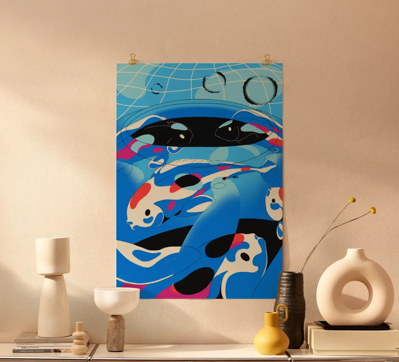 Koi on The Bowl poster con telaio in legno da illustfire
