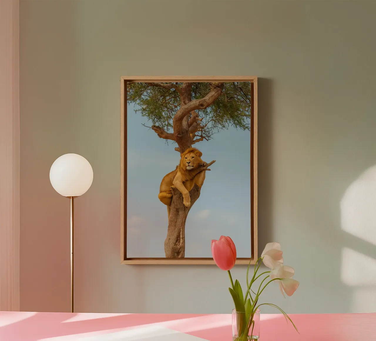 lion on a tree animal photography canvas with Floater frame by raflessia