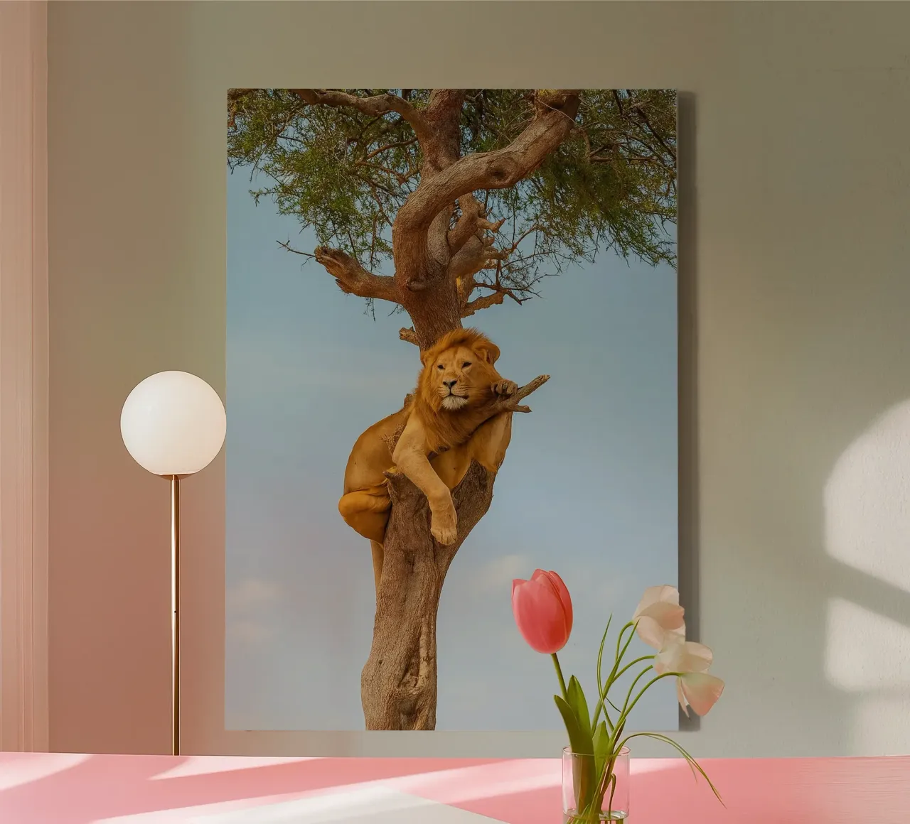 lion on a tree animal photography canvas with Floater frame by raflessia