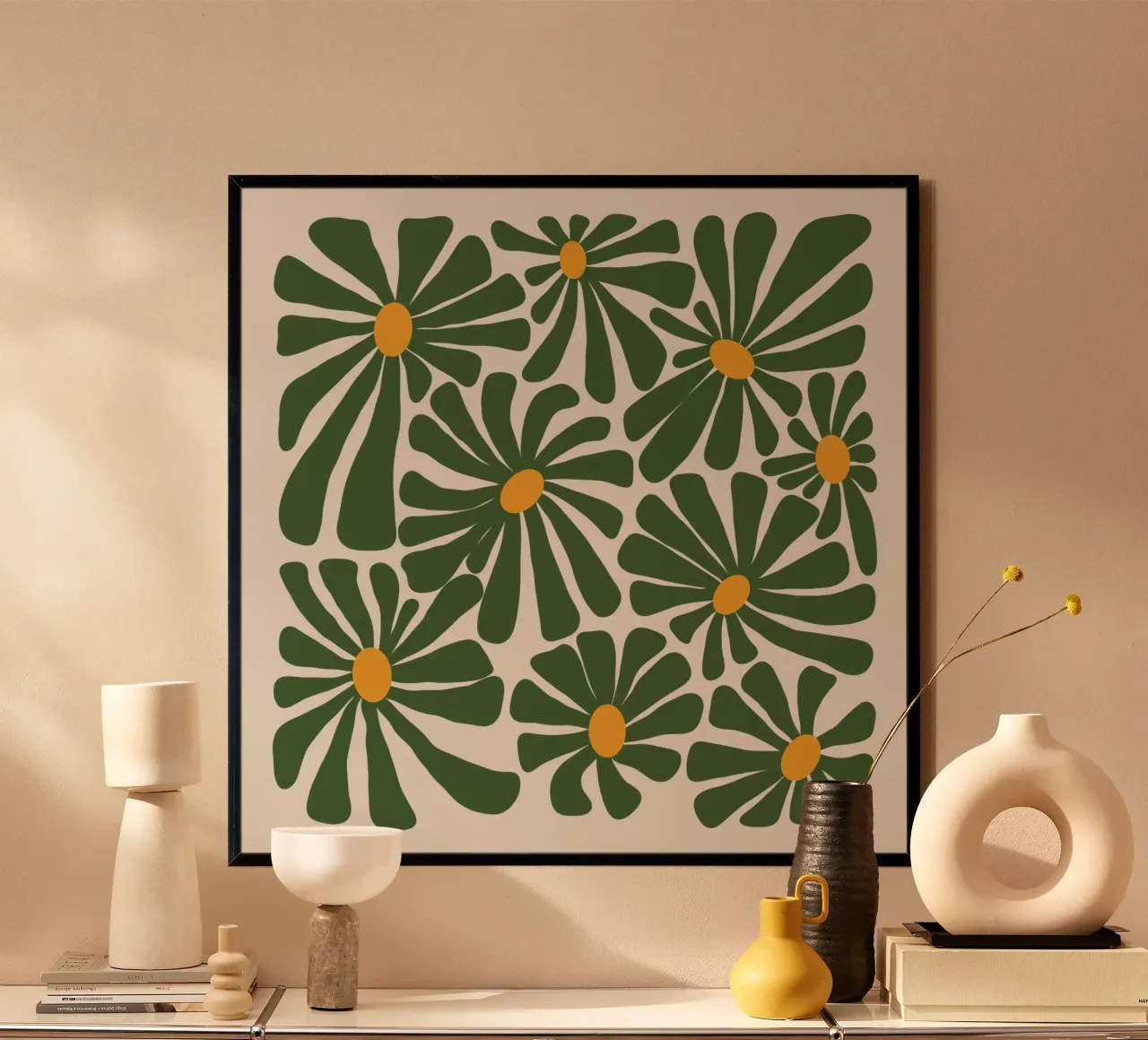 Sap Green Daisies poster con telaio in plastica da TijanaArtStudio88
