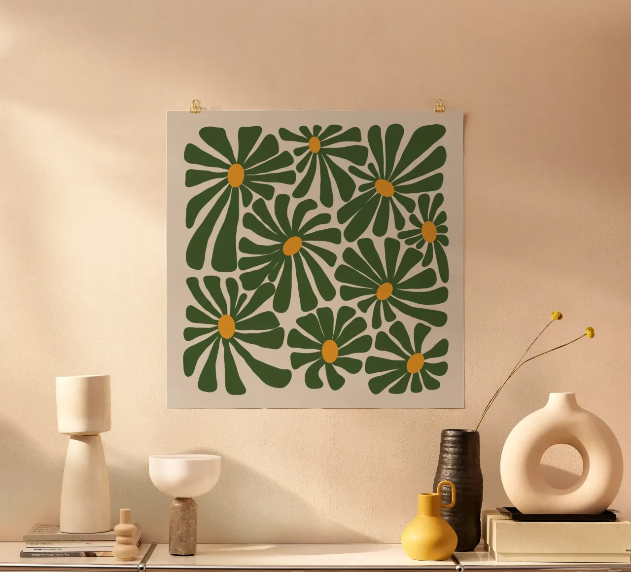 Sap Green Daisies poster con telaio in plastica da TijanaArtStudio88