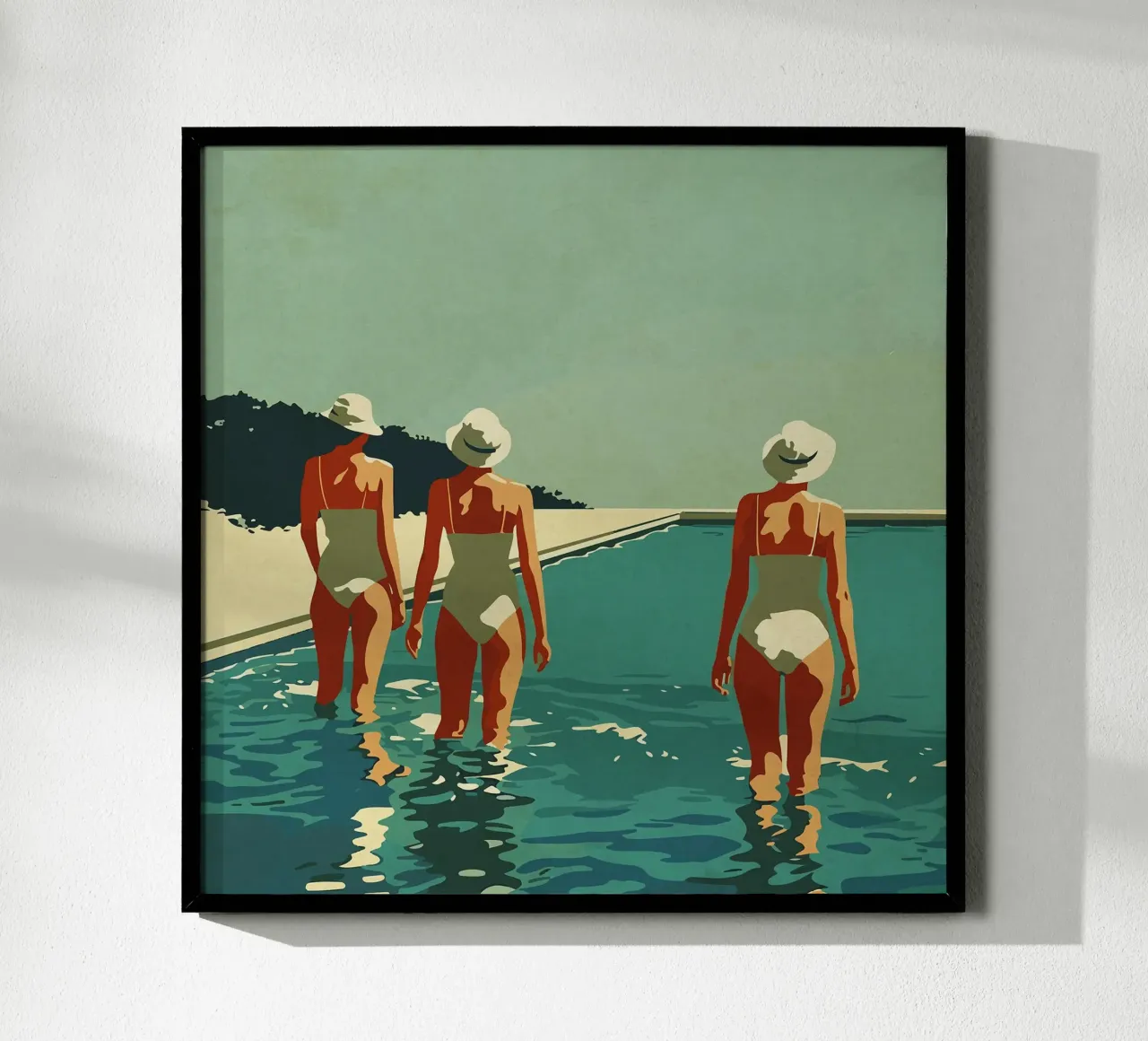 Tre in piscina poster con telaio in legno da Rita