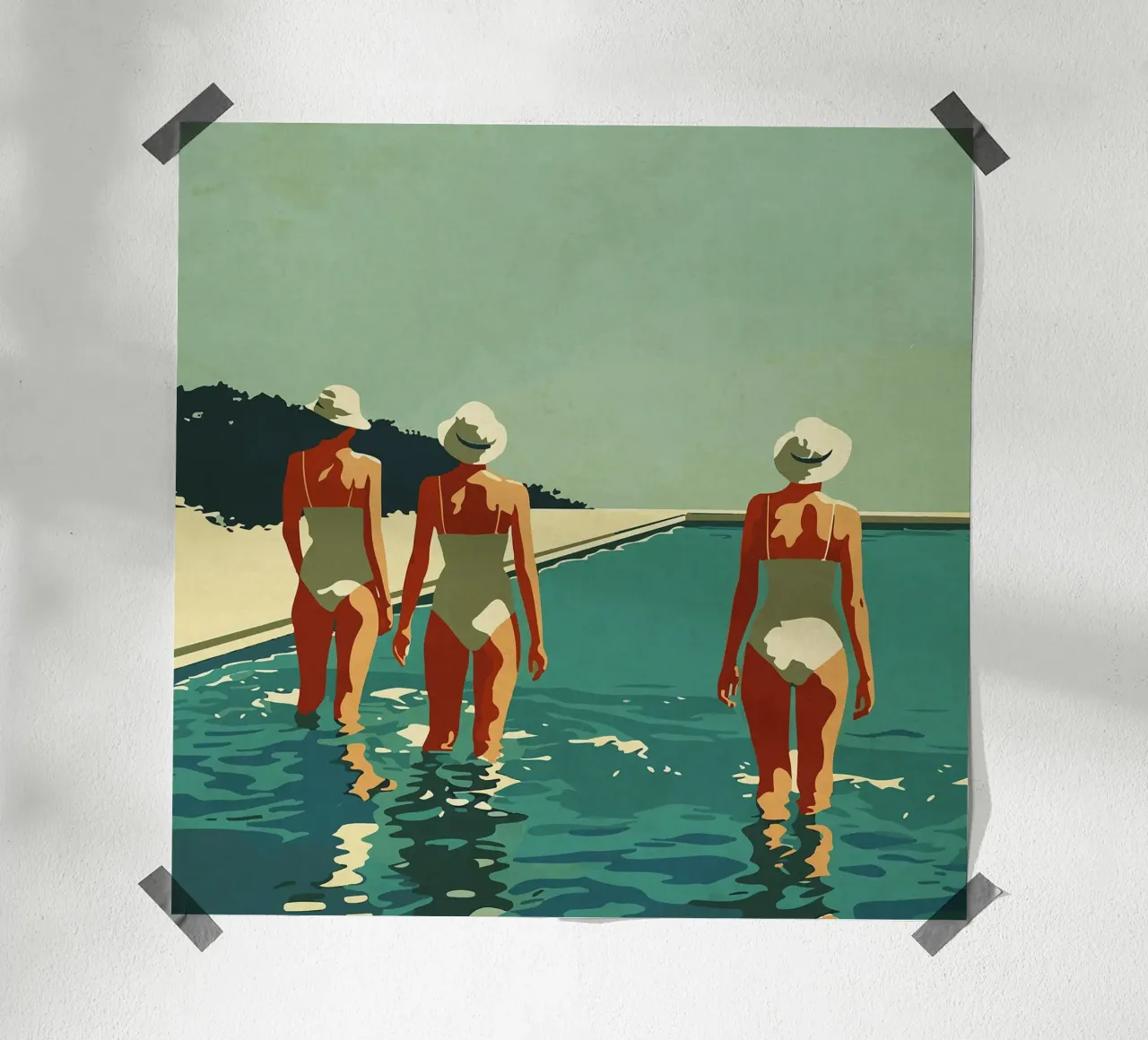 Tre in piscina poster con telaio in legno da Rita