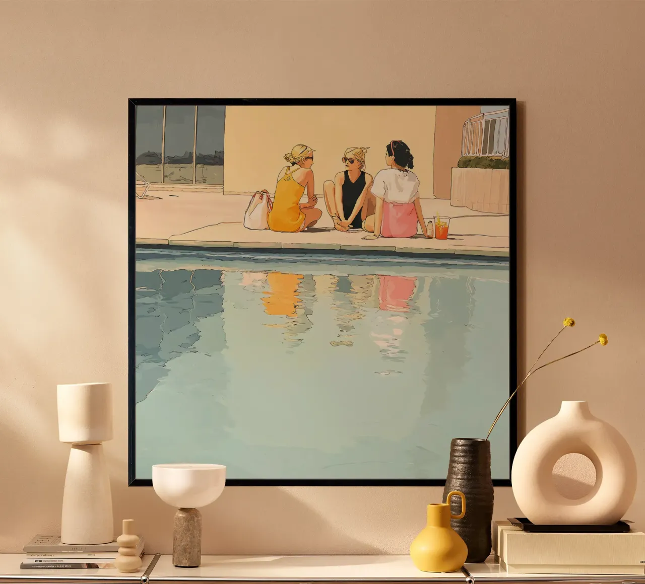 Tre amici in piscina poster con telaio in alluminio da Rita