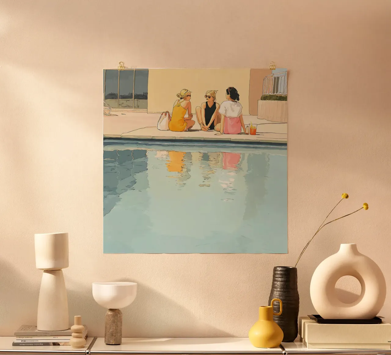 Tre amici in piscina poster con telaio in alluminio da Rita