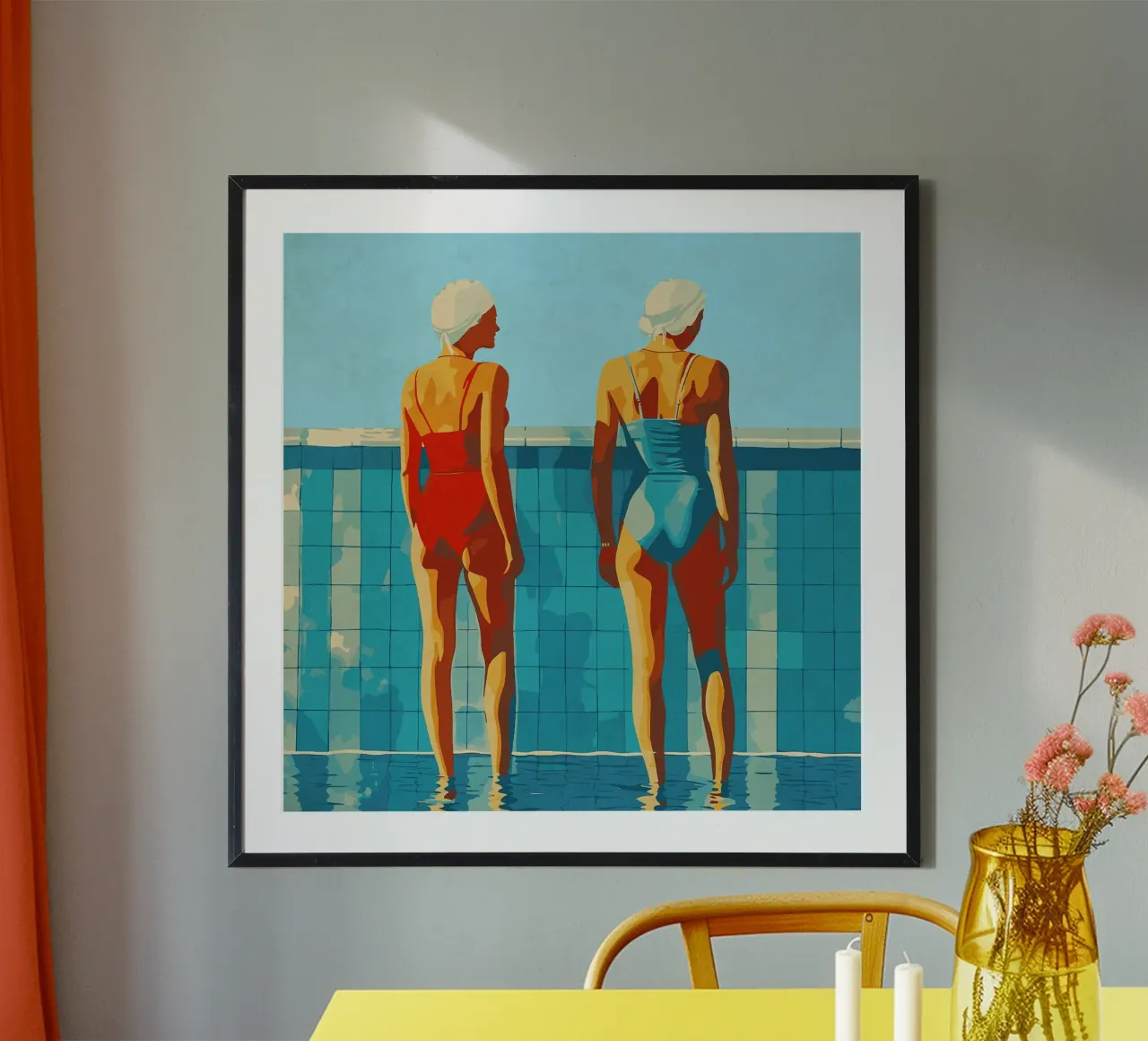 Donne in piscina poster con telaio in alluminio da Rita