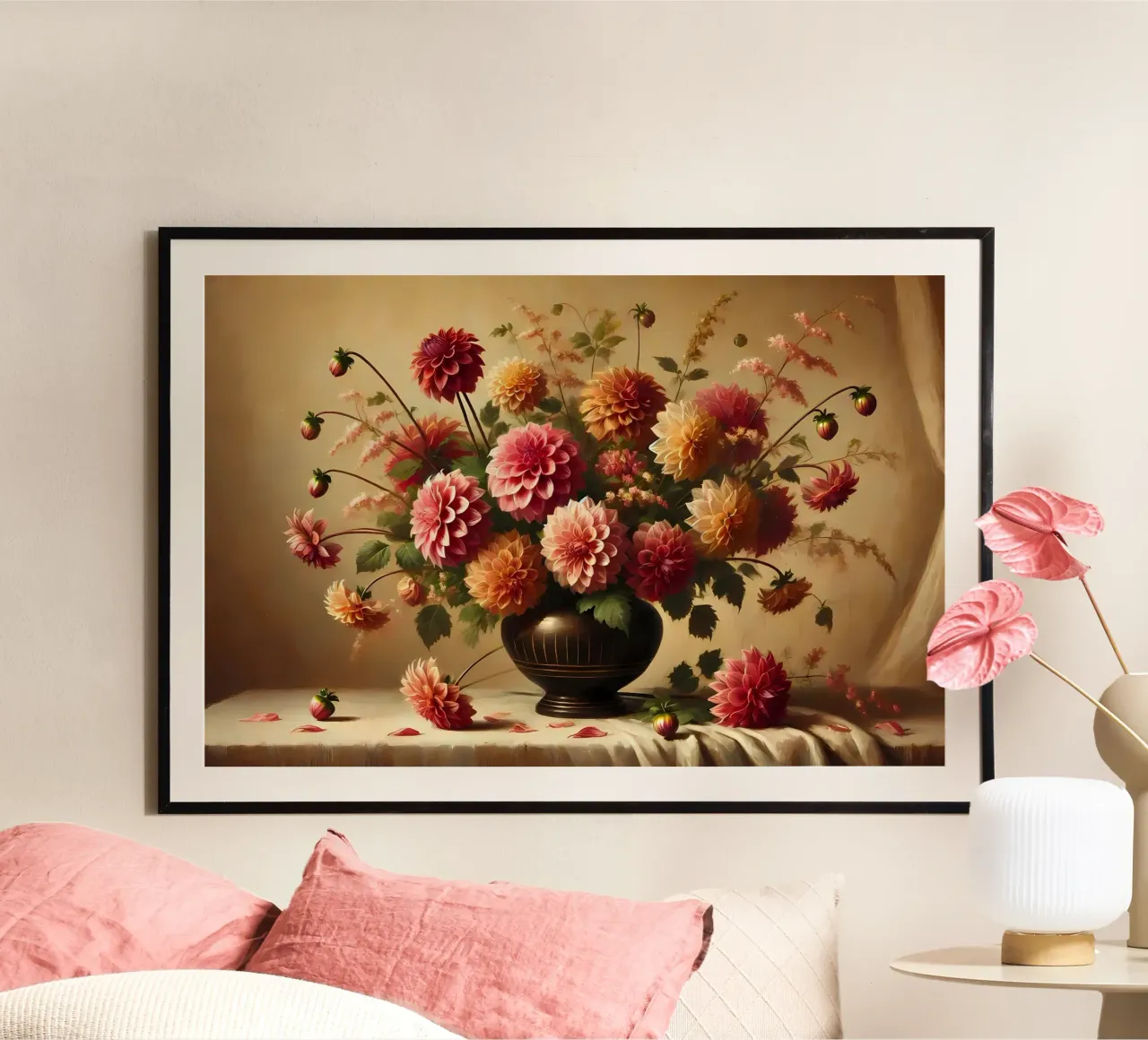 Bouquet di dalia vittoriana poster con telaio in legno da VintageBotanics
