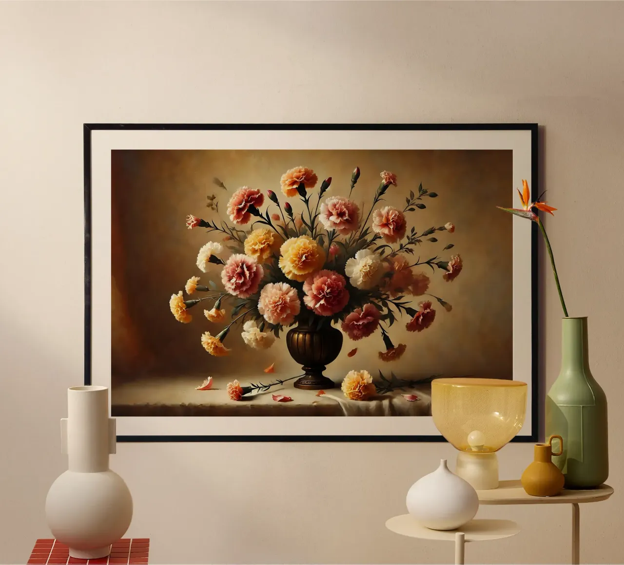 Bouquet di garofani vittoriano poster con telaio in alluminio da VintageBotanics