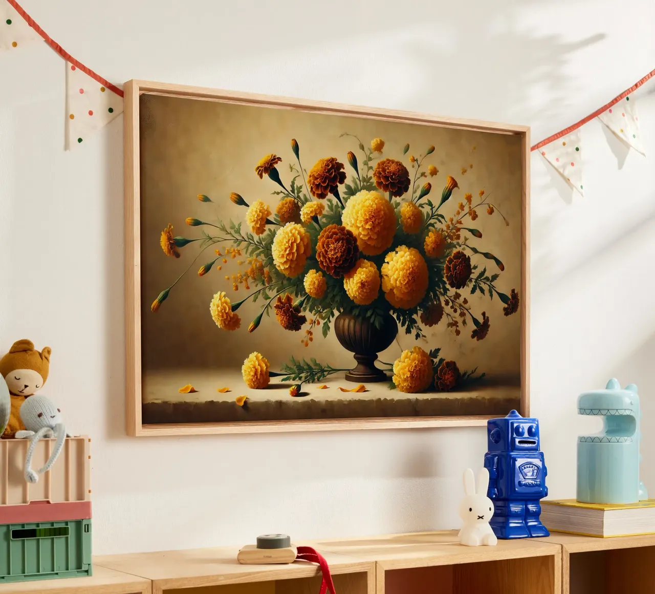 Victoriaans Goudsbloemboeket canvas met Baklijst van VintageBotanics