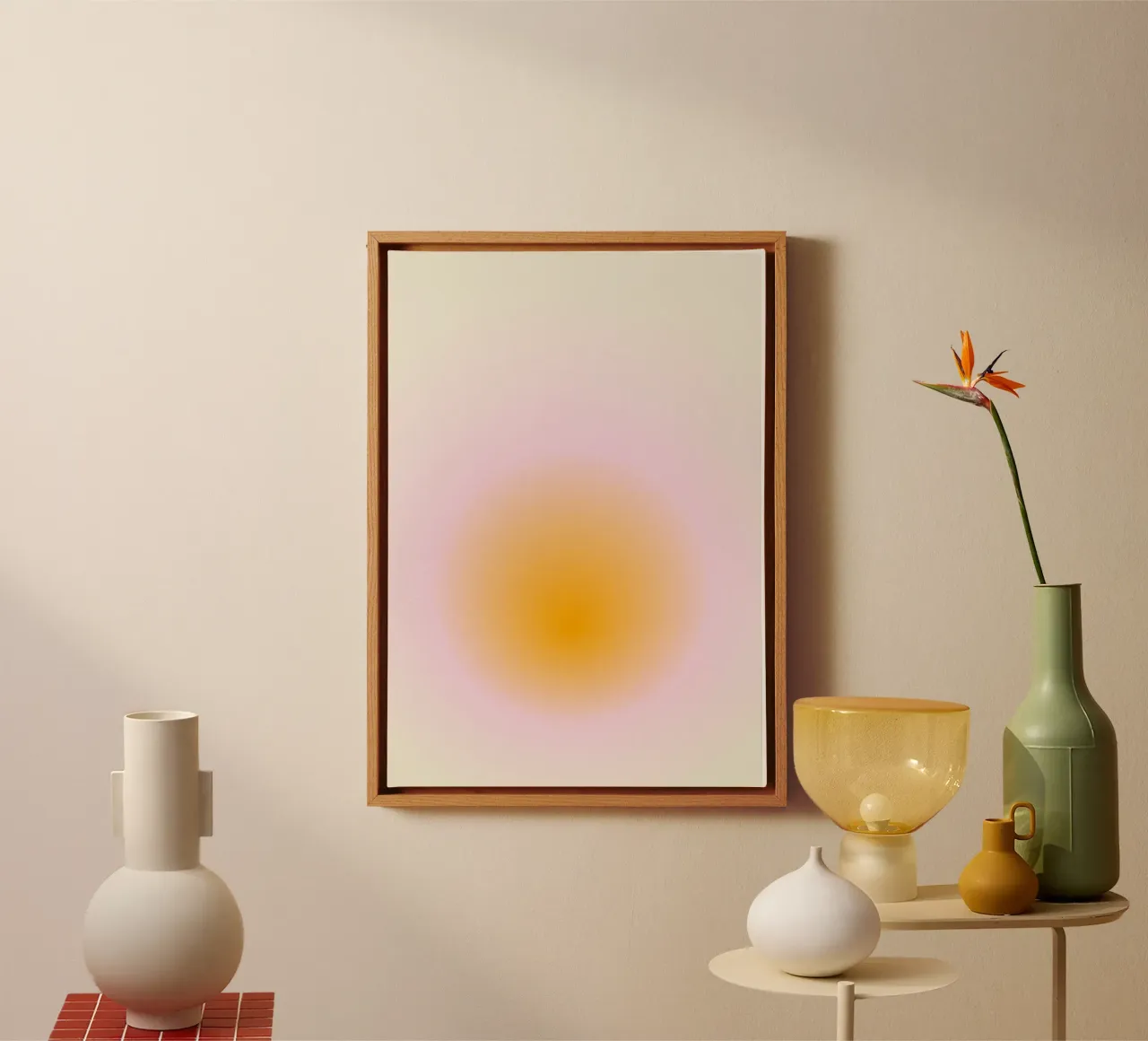 Zacht kleurverloop cirkel roze oranje beige canvas met Baklijst van Katja Stehle Design