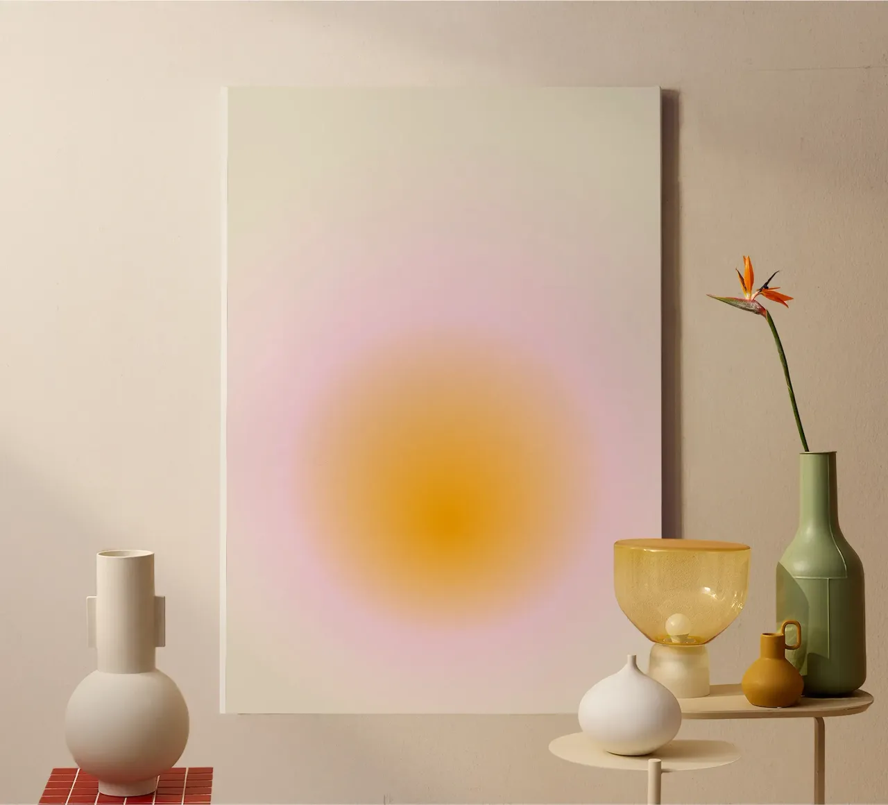 Zacht kleurverloop cirkel roze oranje beige canvas met Baklijst van Katja Stehle Design