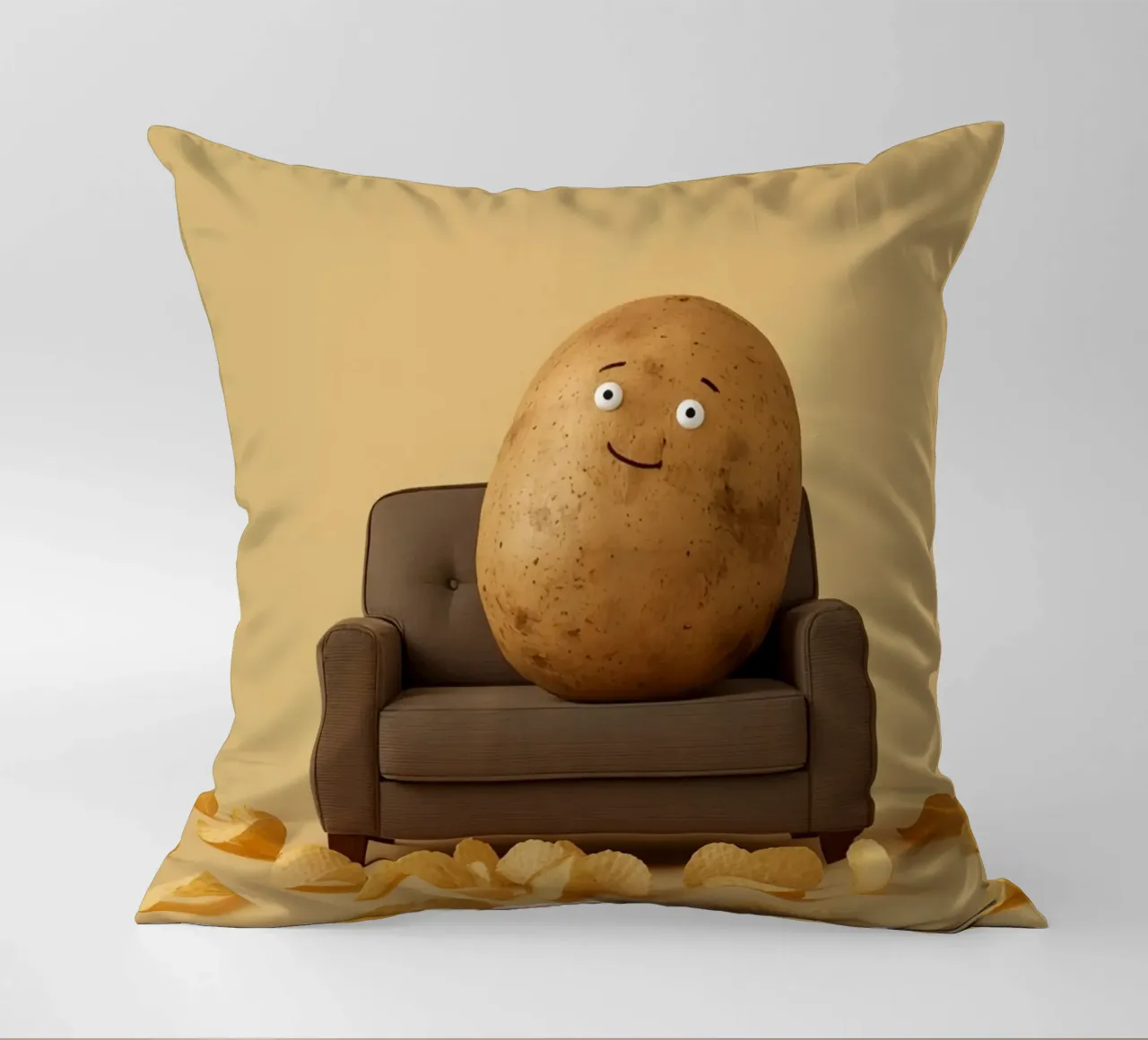 Potato Lounging on a Couch With Chips Around cuscino da DesignDoodle
