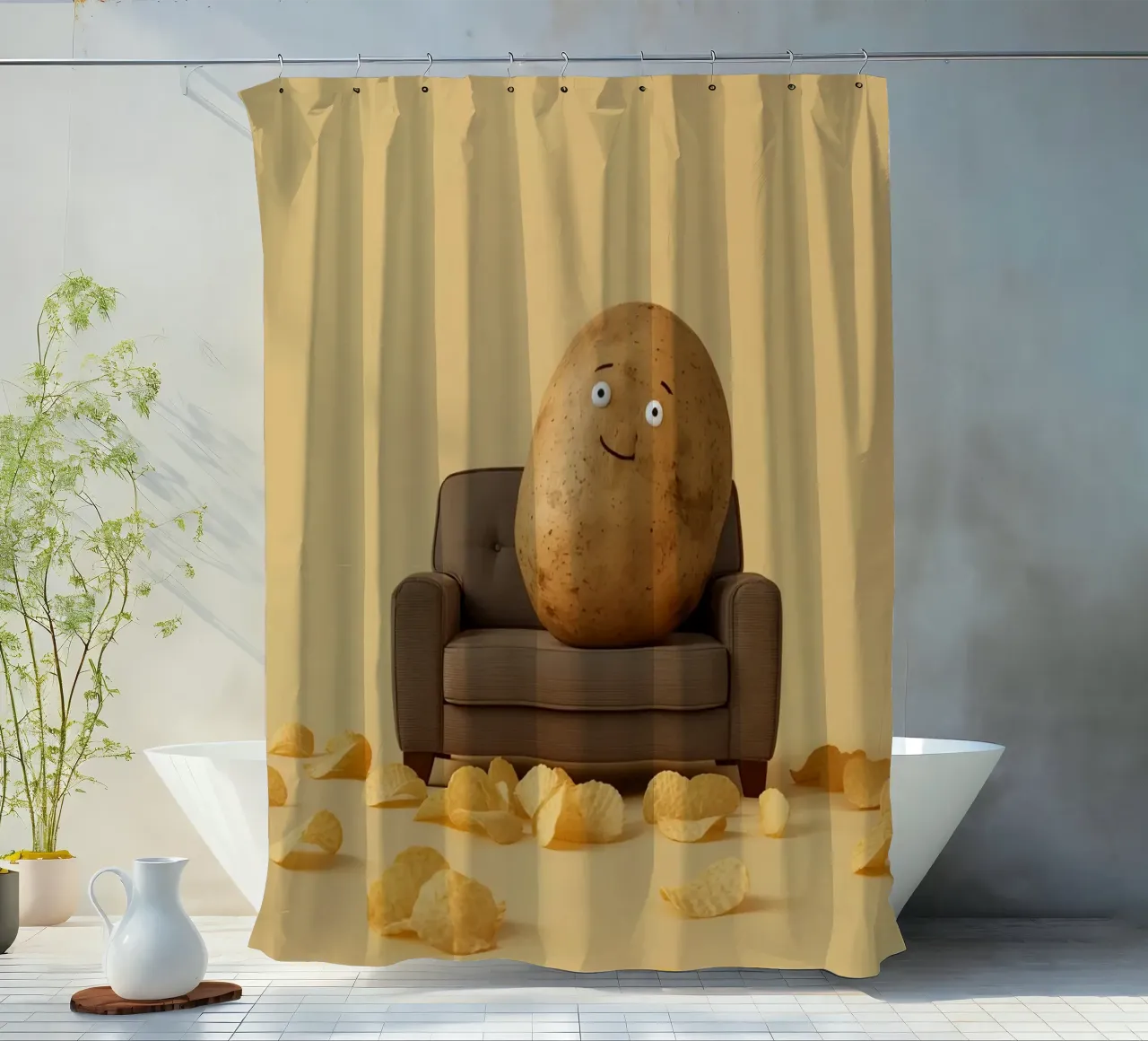 Potato Lounging on a Couch With Chips Around tenda da doccia da DesignDoodle