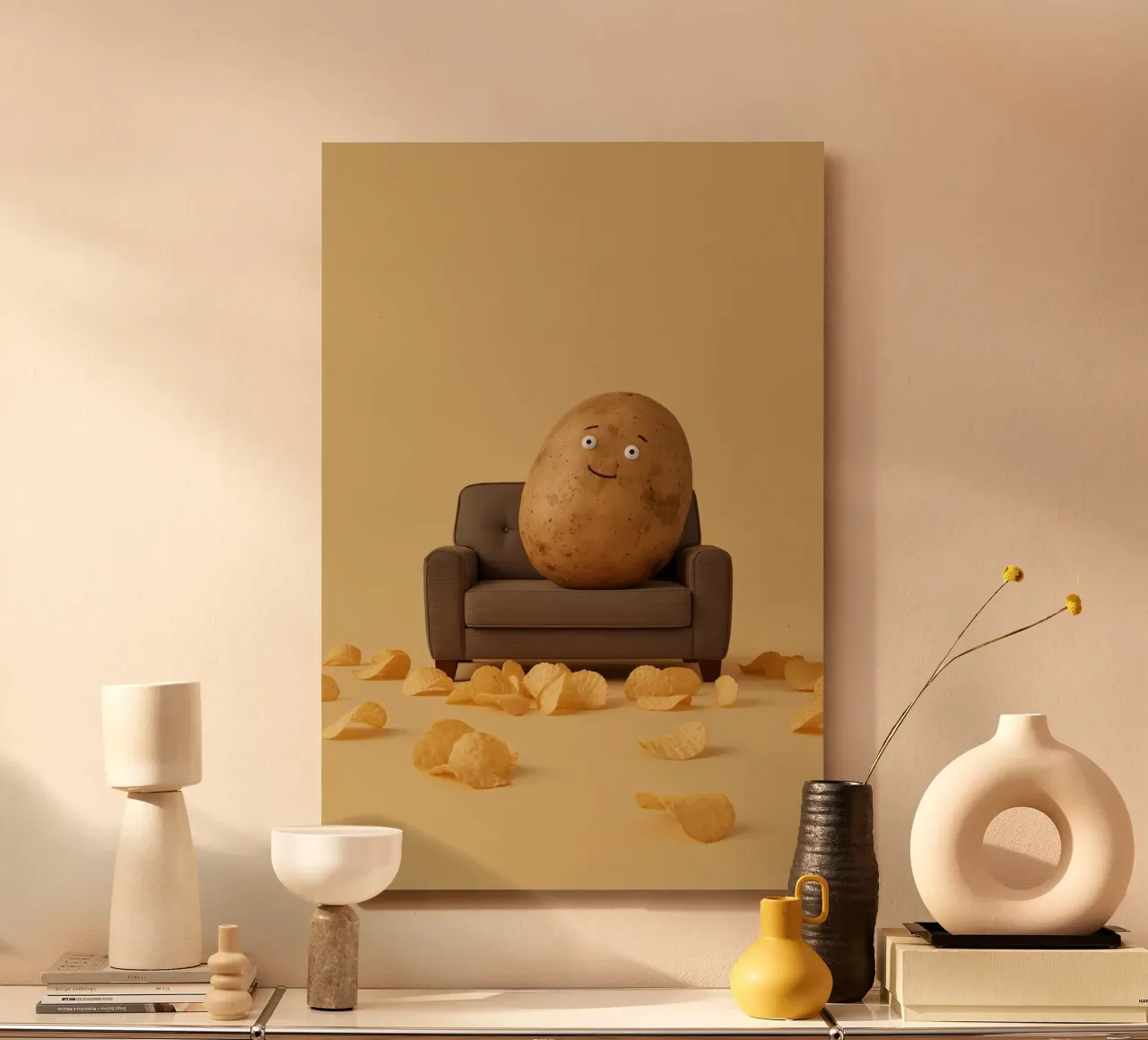 Potato Lounging on a Couch With Chips Around alluminio dibond da DesignDoodle