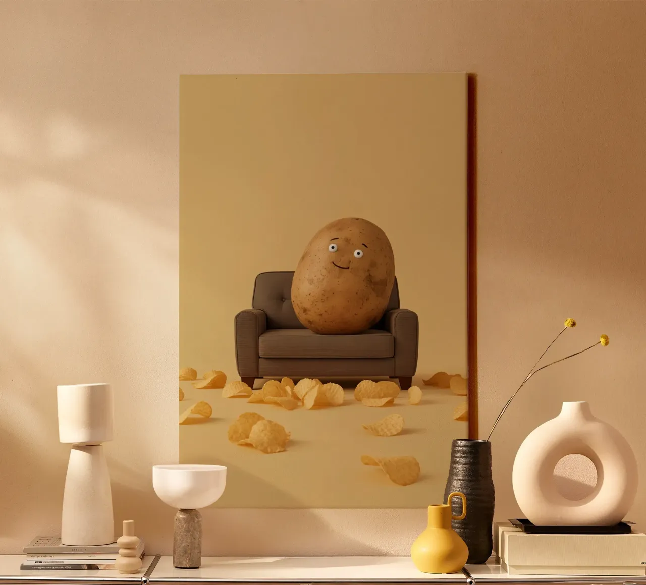 Potato Lounging on a Couch With Chips Around tela con Cornice a cassetta da DesignDoodle