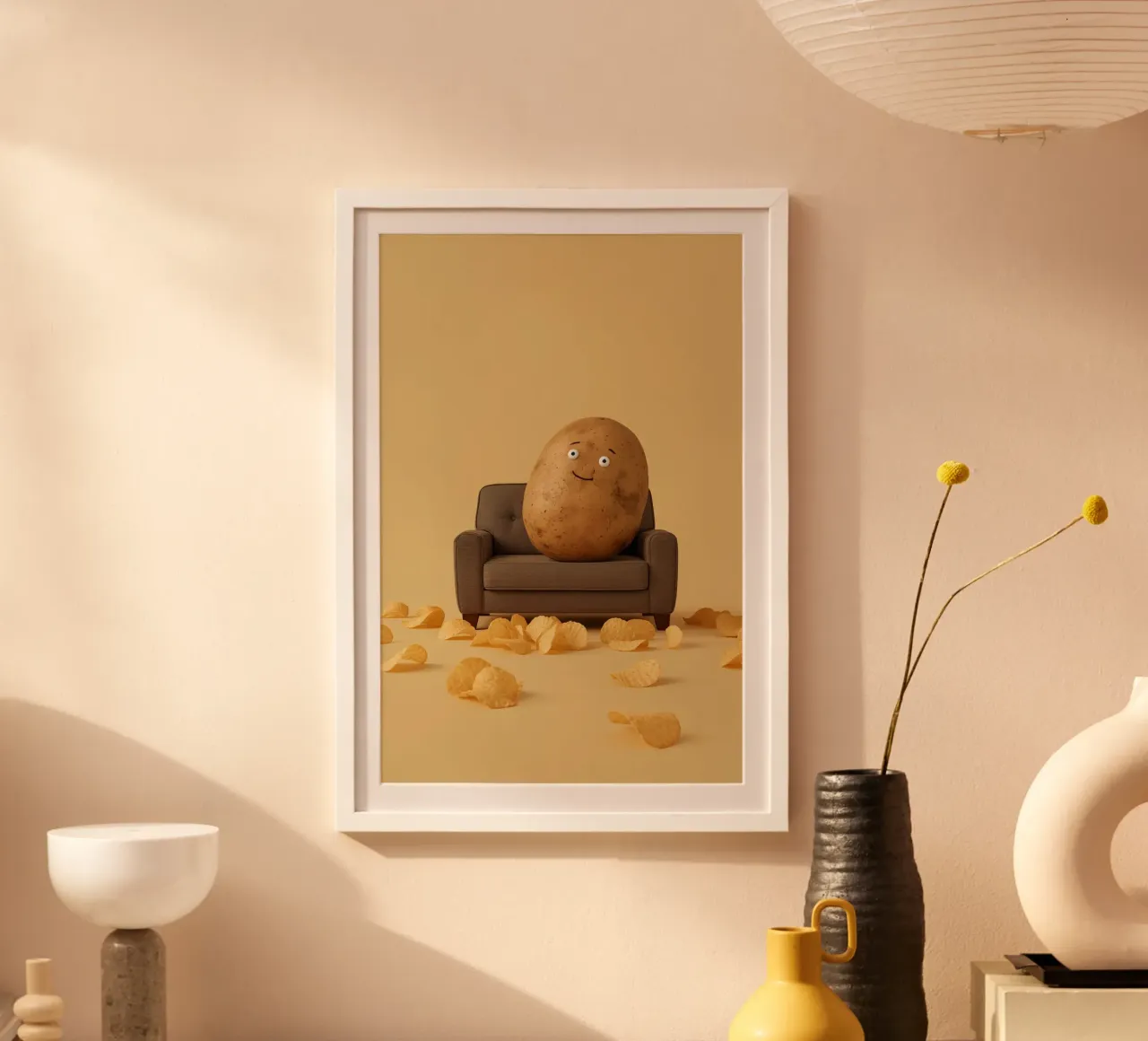Potato Lounging on a Couch With Chips Around poster con telaio in alluminio da DesignDoodle