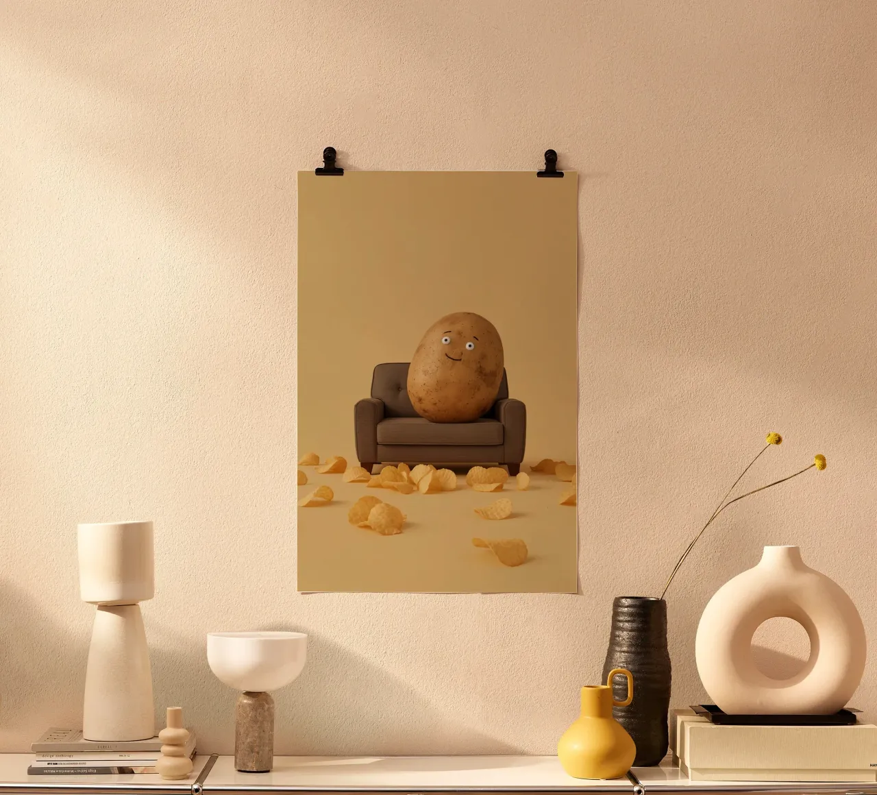 Potato Lounging on a Couch With Chips Around poster con telaio in alluminio da DesignDoodle