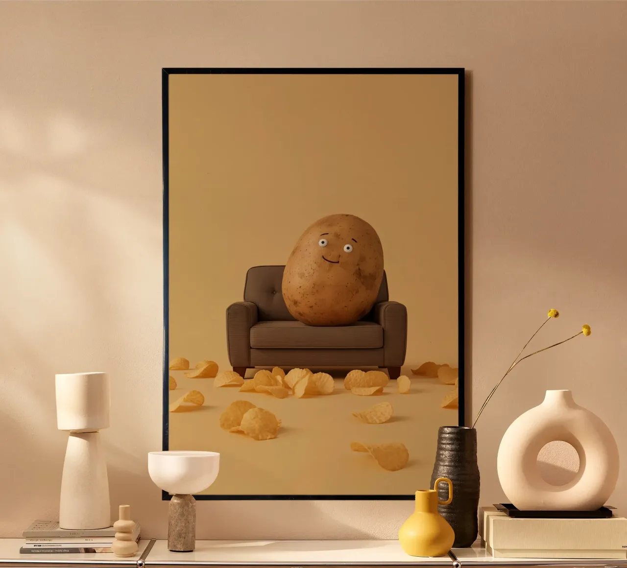 Potato Lounging on a Couch With Chips Around poster con telaio in alluminio da DesignDoodle