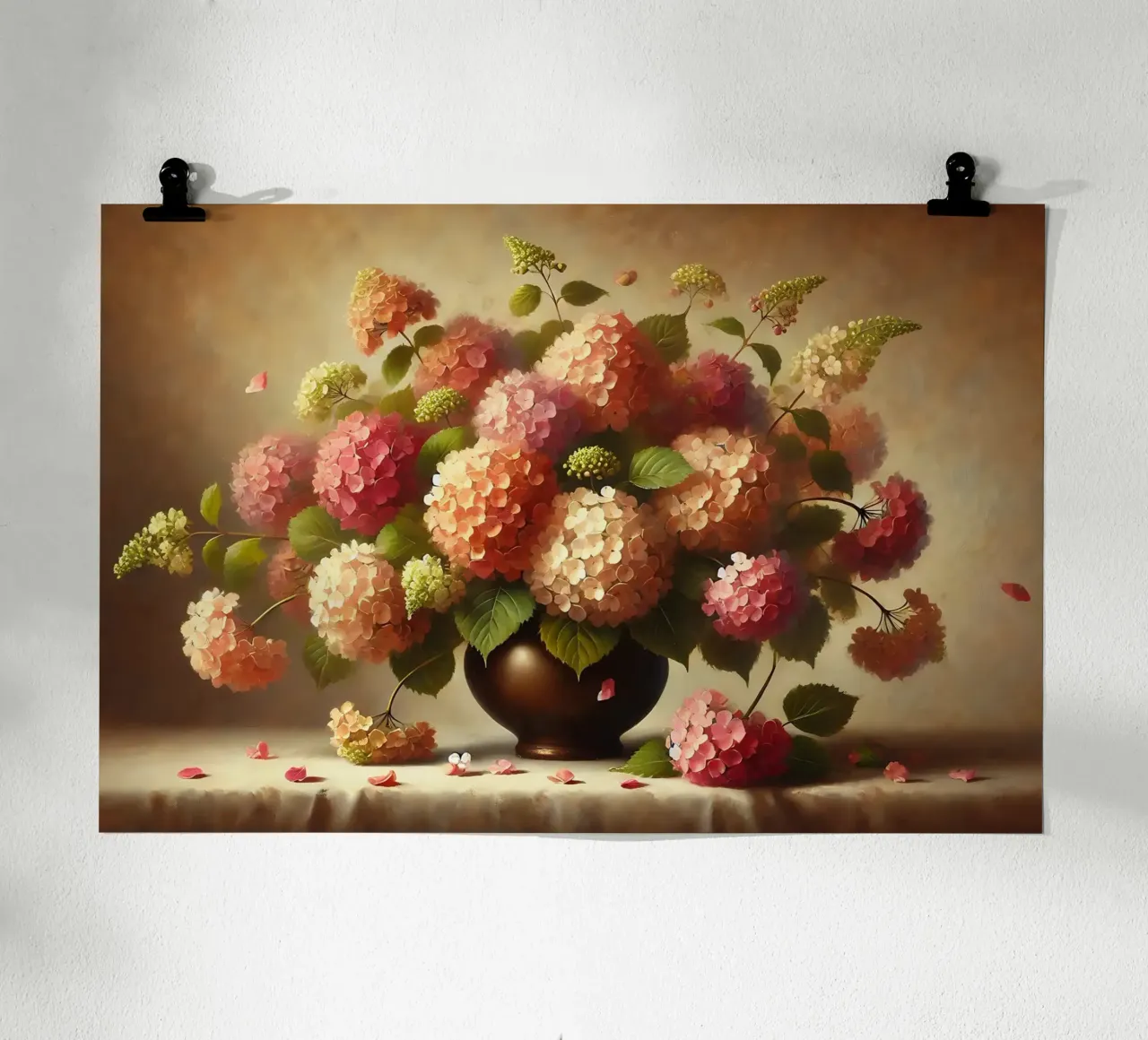 Bouquet di ortensie vittoriane poster con telaio in legno da VintageBotanics