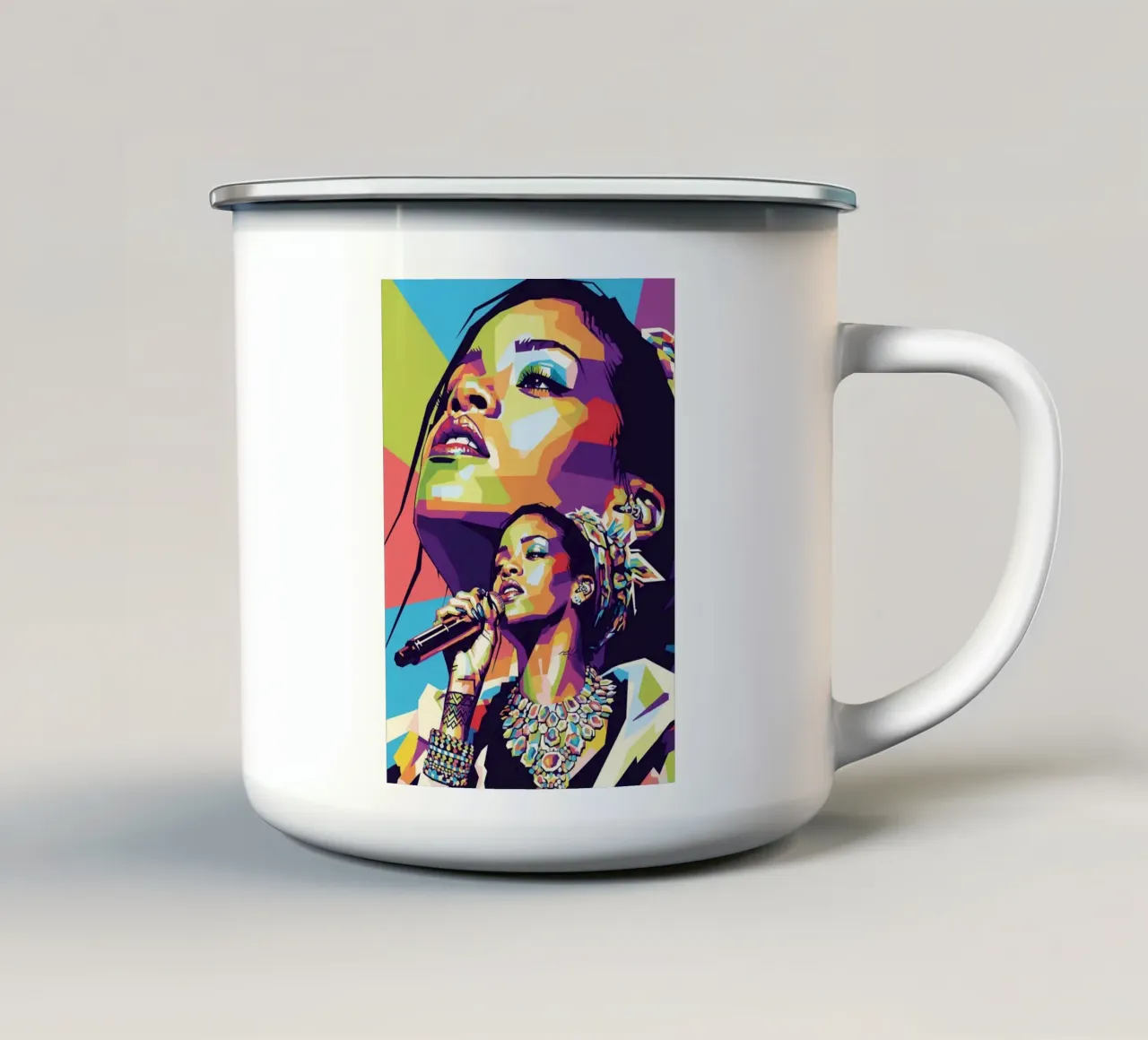 Rihanna colorata pop art tazza in smalto da Hantamrata