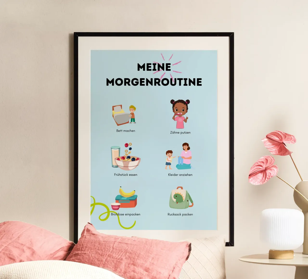 Meine Morgenroutine poster con telaio in legno da Kleine Denker