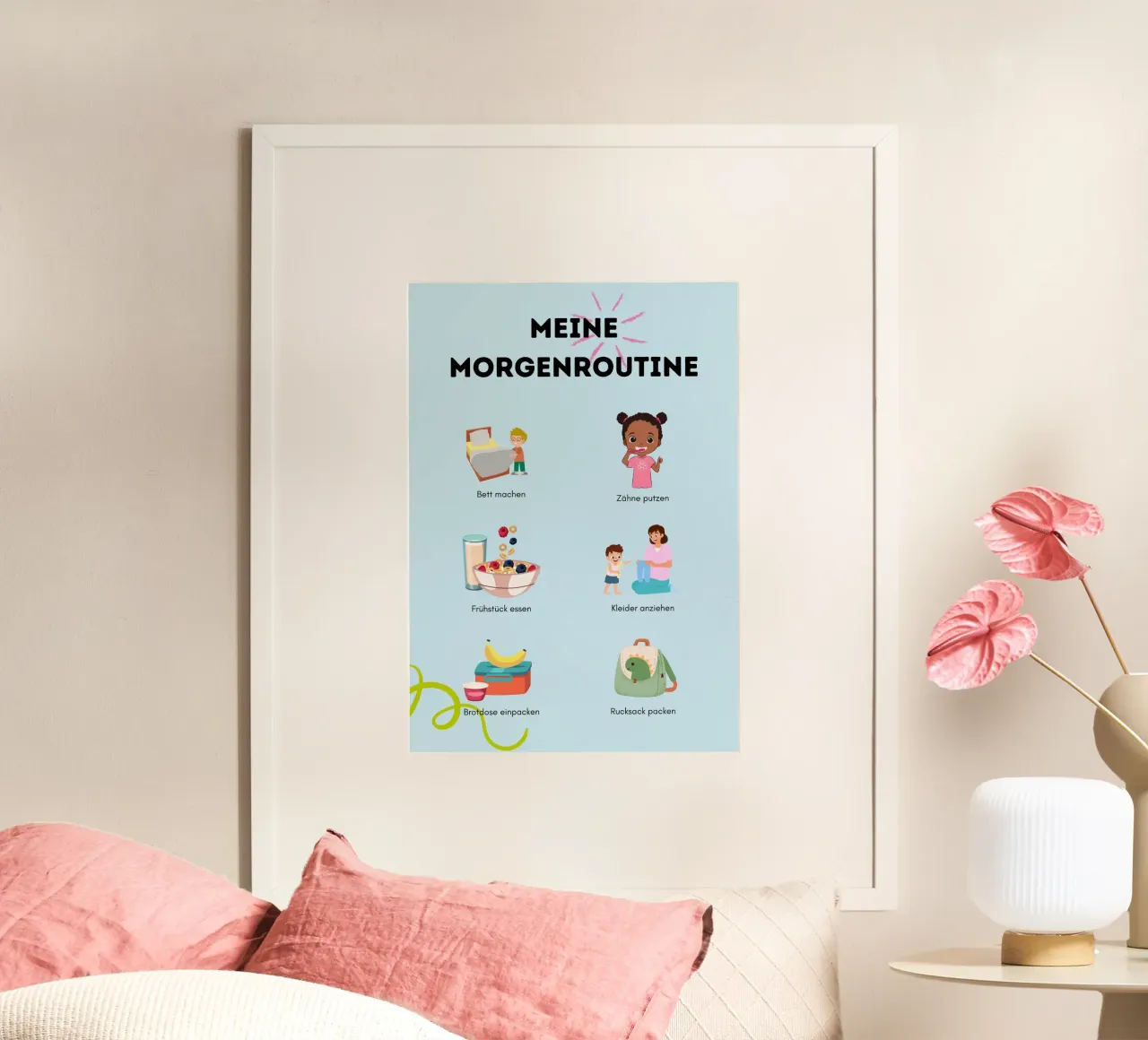 Meine Morgenroutine poster con telaio in legno da Kleine Denker