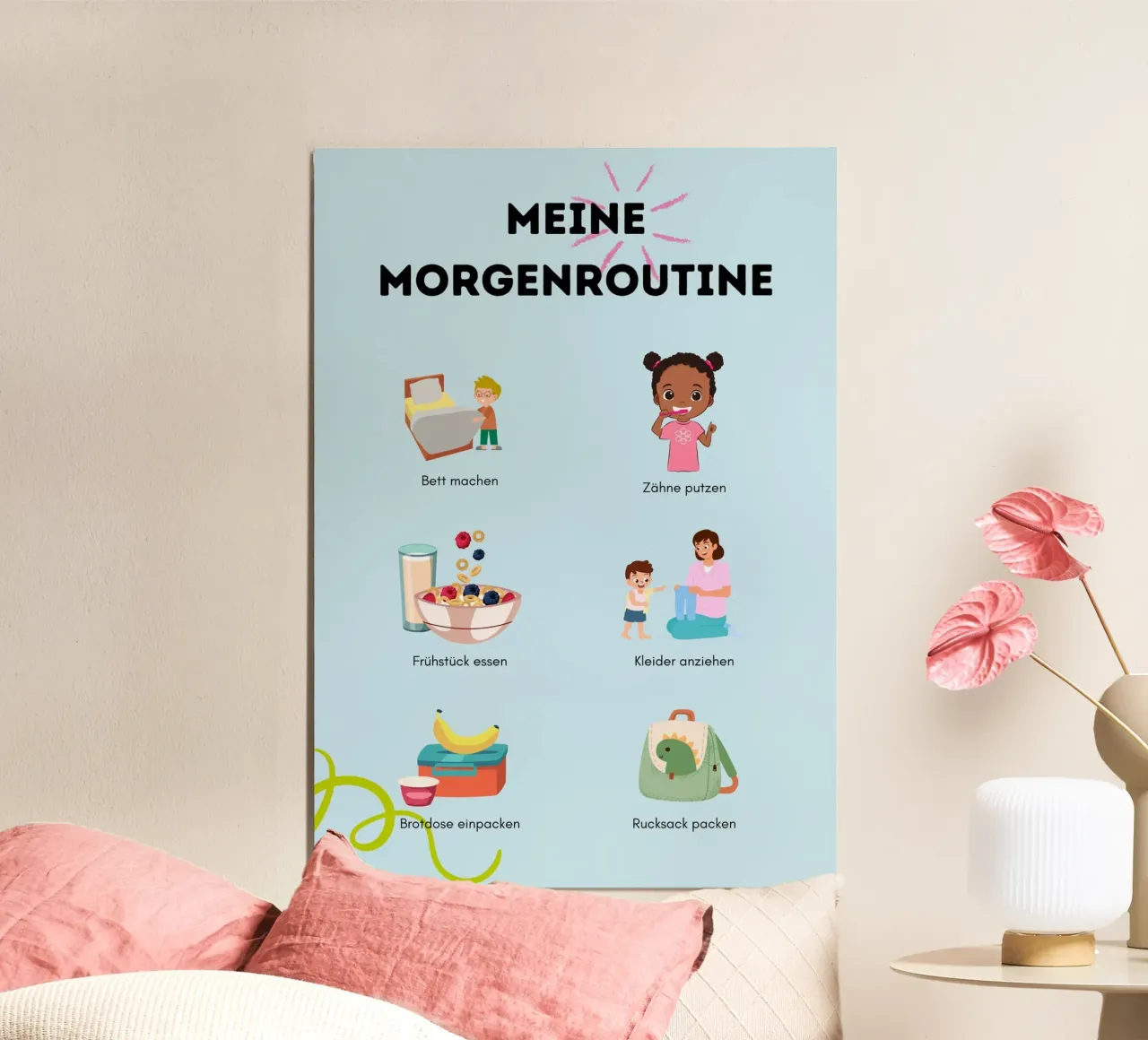 Meine Morgenroutine poster con telaio in legno da Kleine Denker