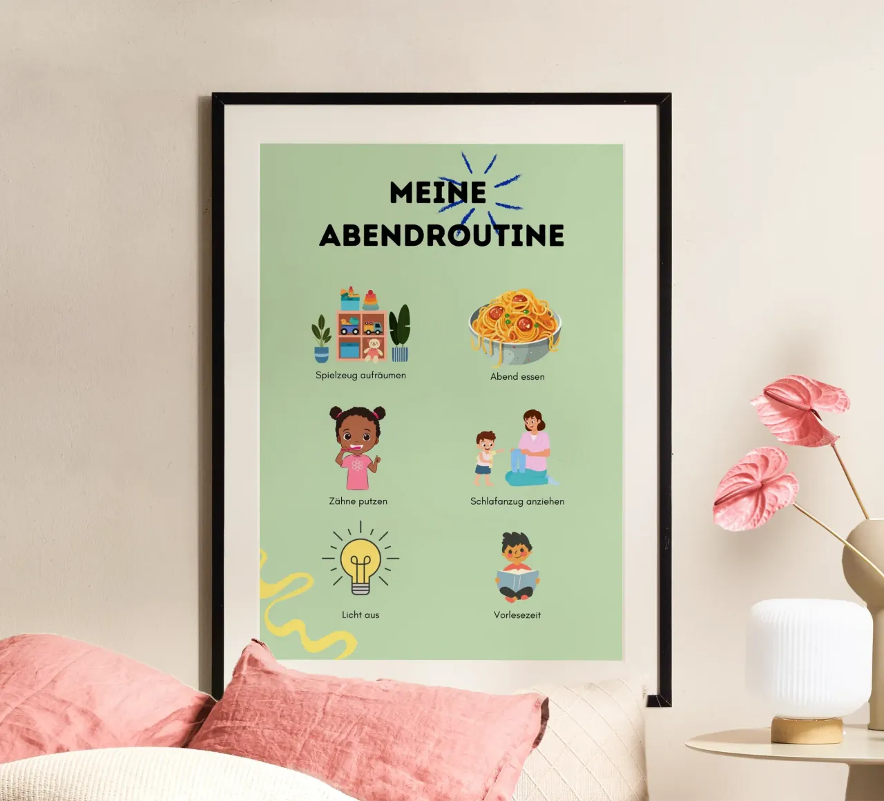 Meine Abendroutine poster con marco de madera de Kleine Denker