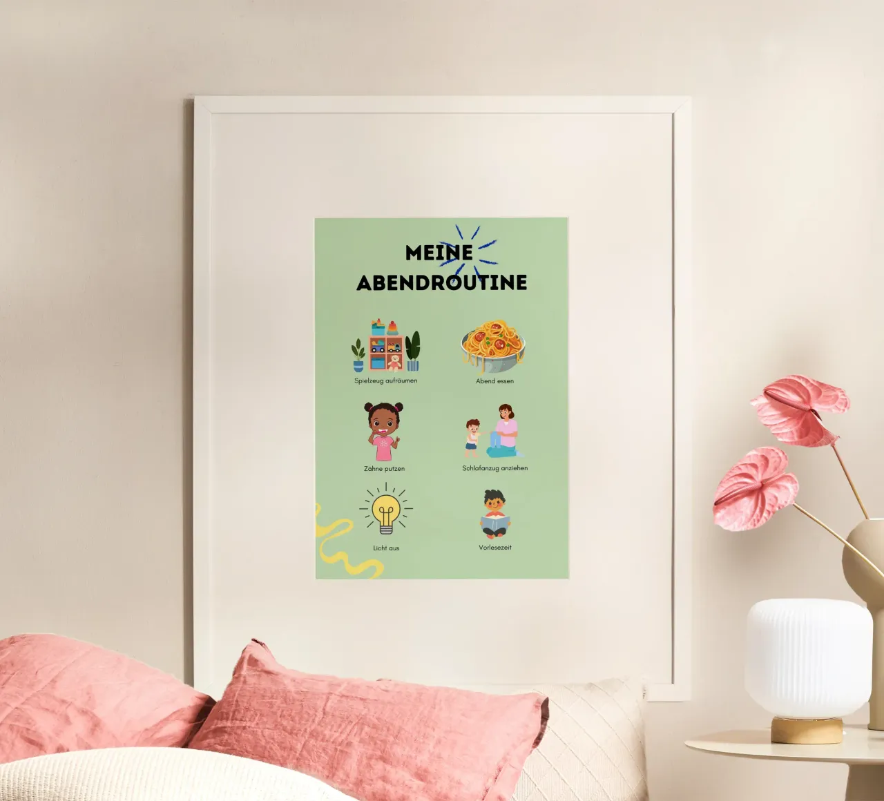 Meine Abendroutine poster con marco de madera de Kleine Denker