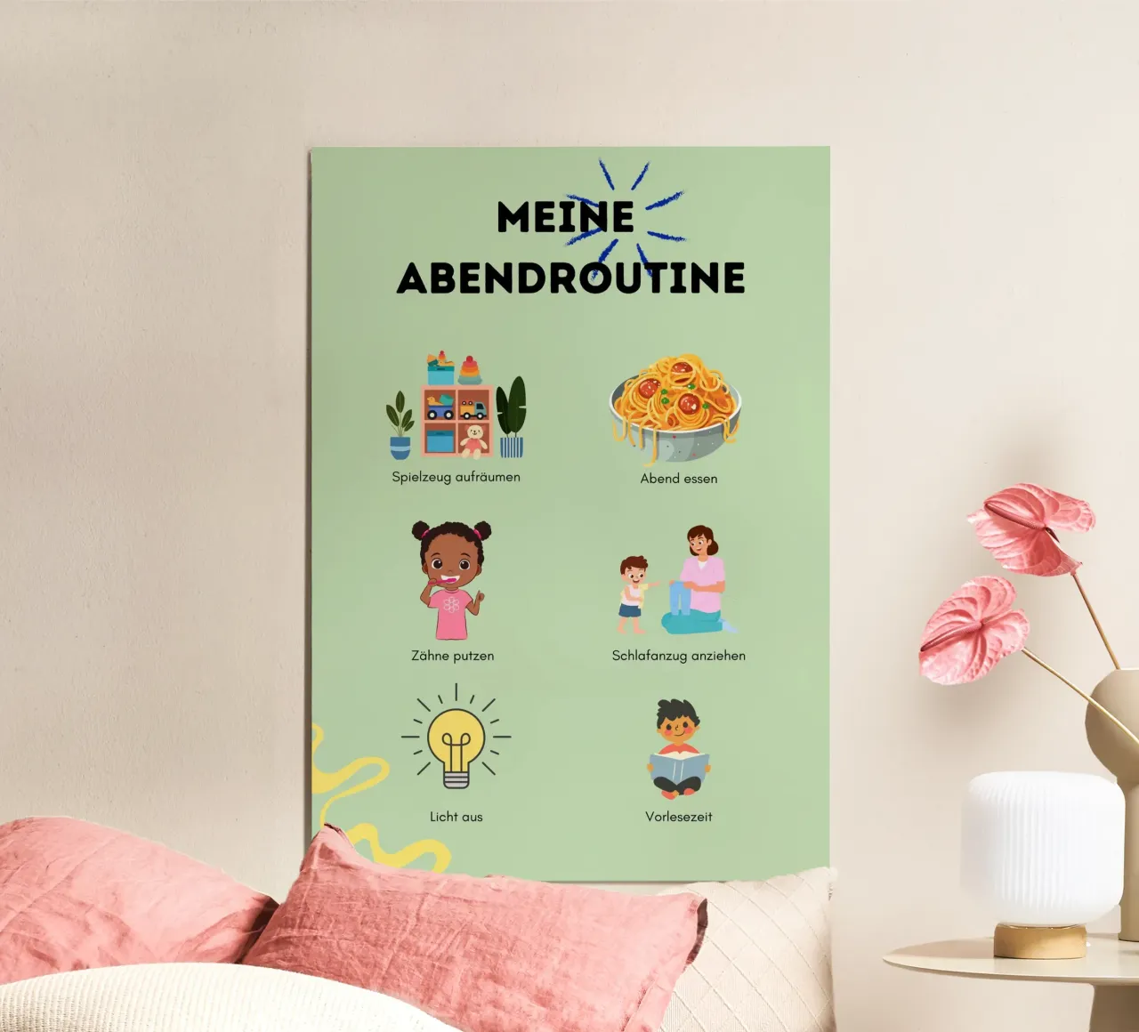 Meine Abendroutine poster con marco de madera de Kleine Denker